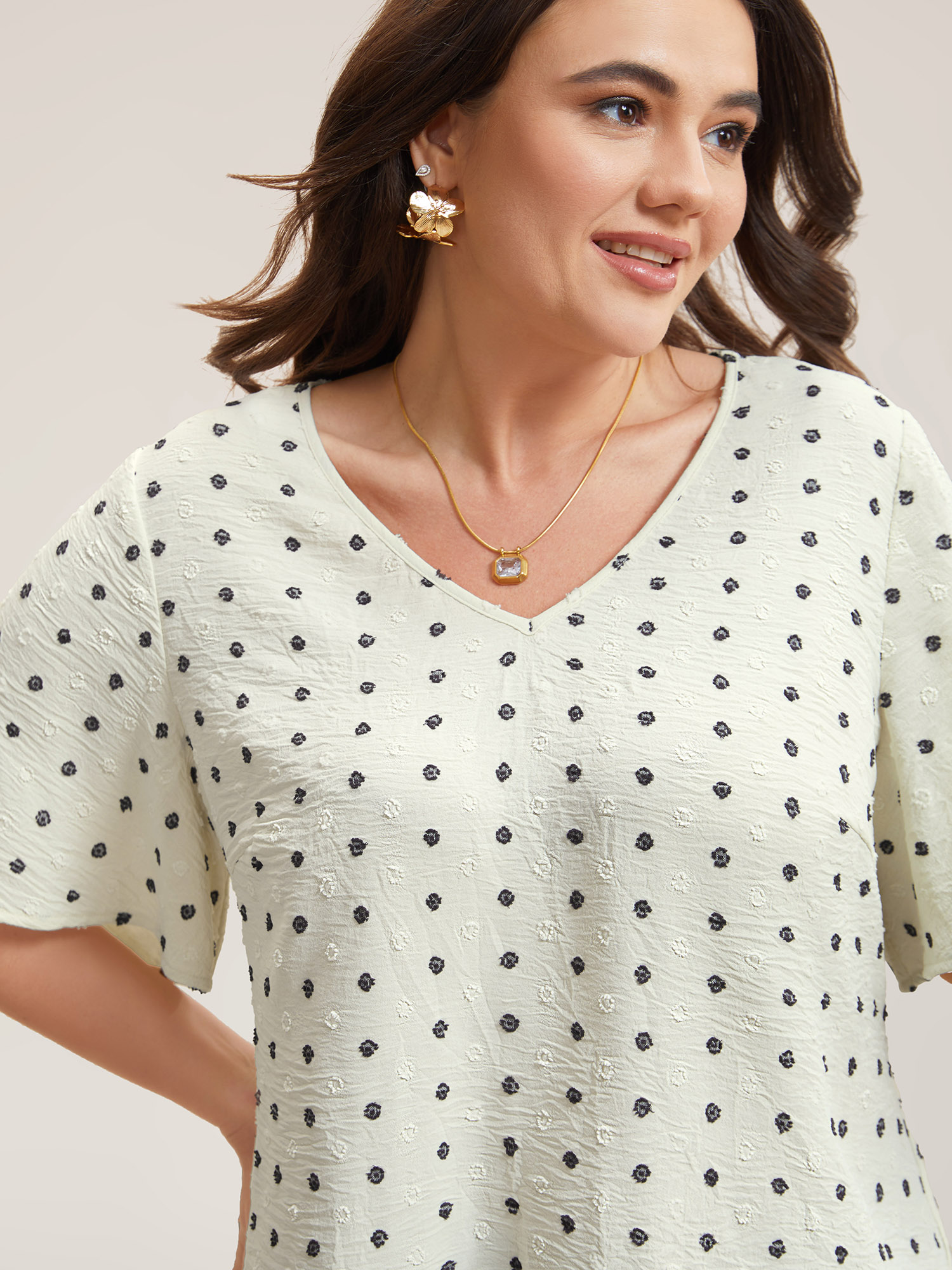 

Plus Size Beige Textured Polka Dot Print Flared Sleeve Shirt Women Elegant Short sleeve V-neck Everyday Blouses BloomChic