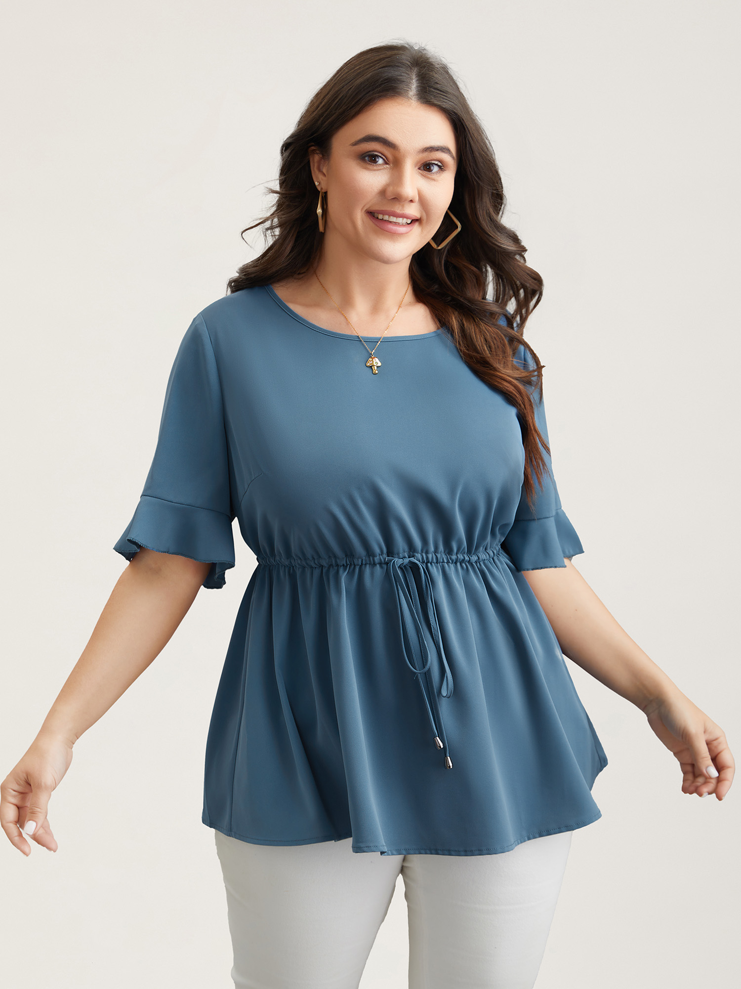 

Plus Size Cerulean Ruffled Edge Sleeve Waist-Tie Shirt Women Casual Half Sleeve Round Neck Everyday Blouses BloomChic