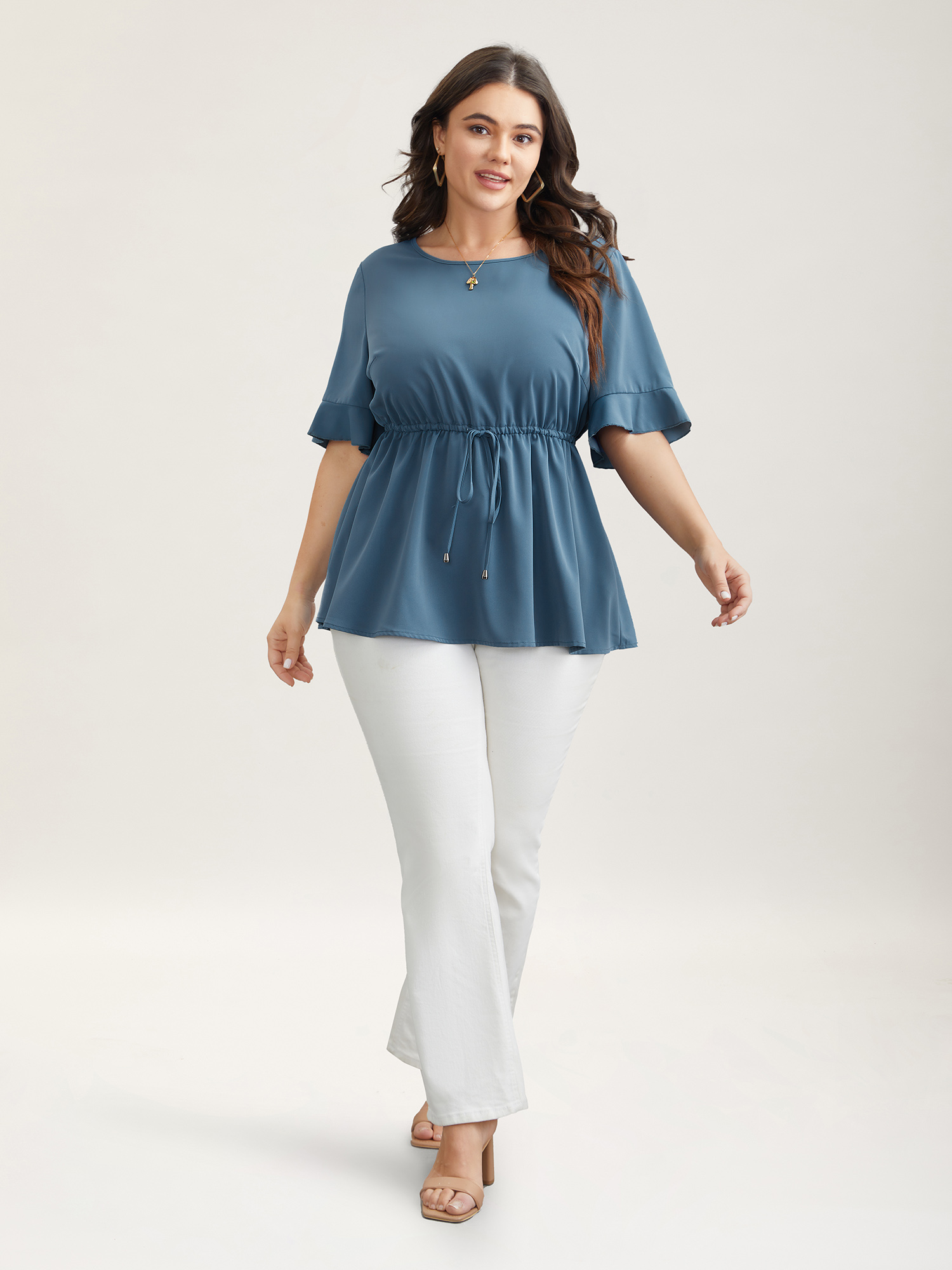 Plus Size Cerulean Ruffled Edge Sleeve Waist-Tie Shirt Women Casual Half Sleeve Round Neck Everyday Blouses BloomChic 26/4X 