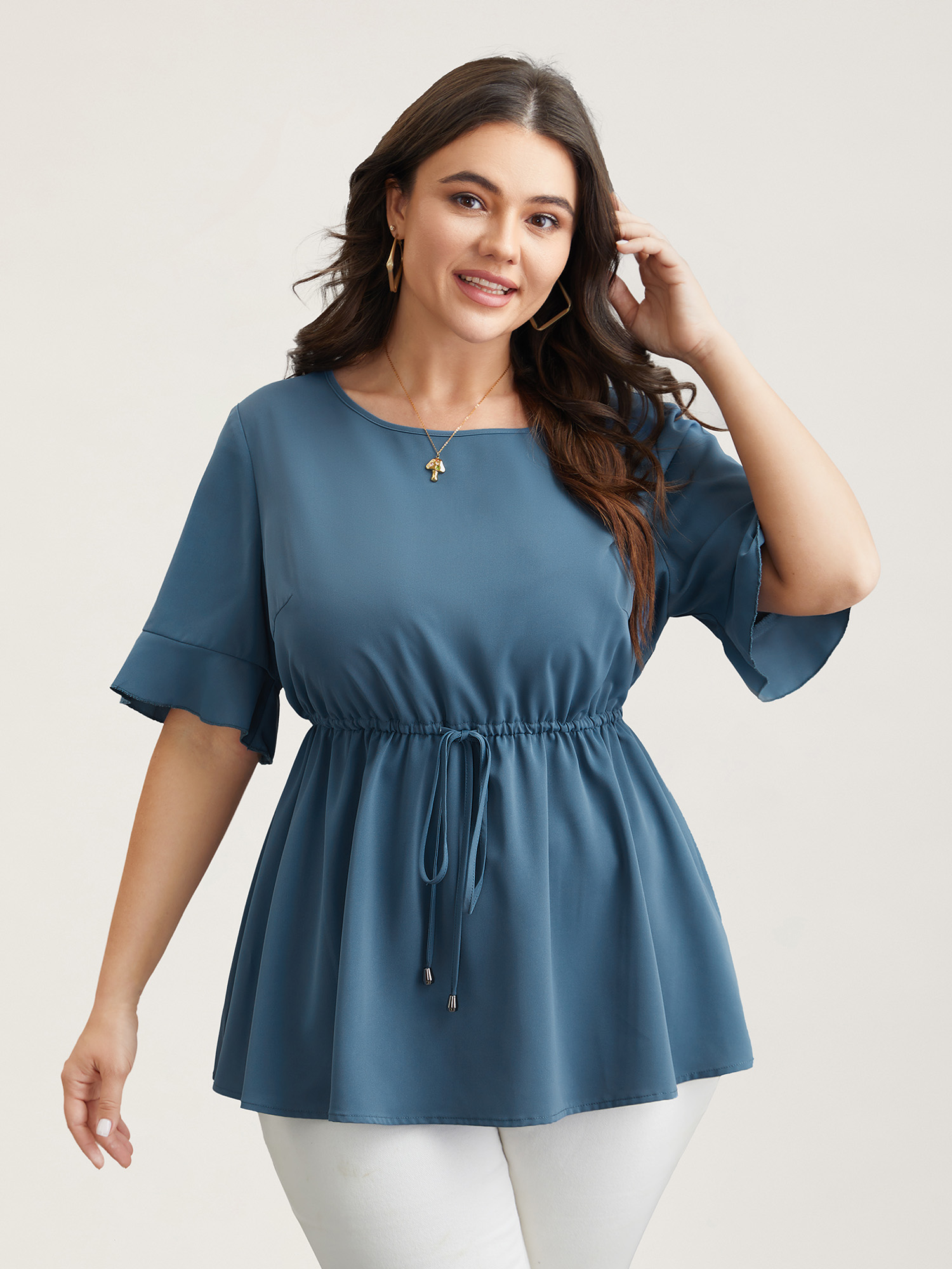 Plus Size Cerulean Ruffled Edge Sleeve Waist-Tie Shirt Women Casual Half Sleeve Round Neck Everyday Blouses BloomChic 26/4X 