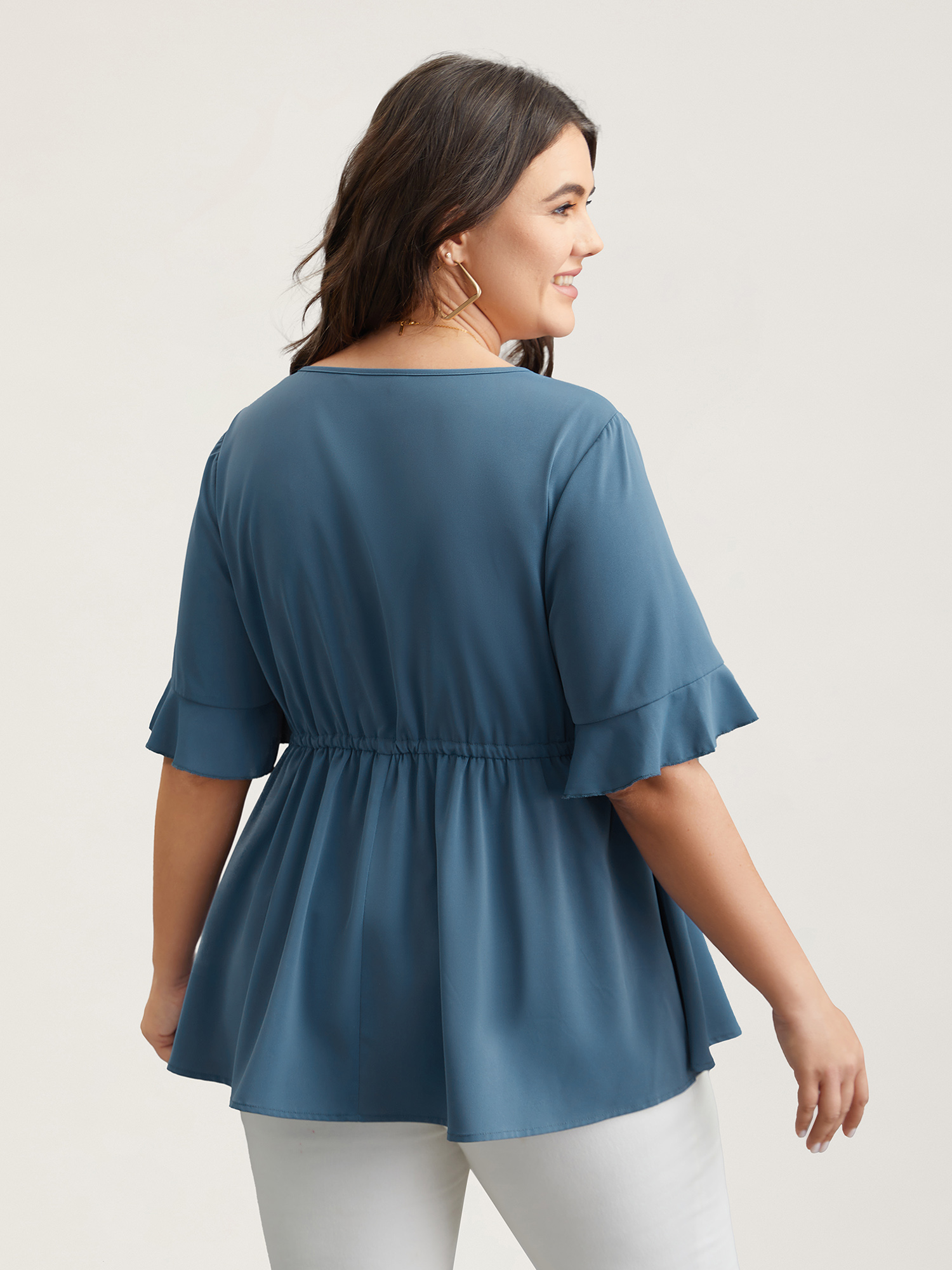 Plus Size Cerulean Ruffled Edge Sleeve Waist-Tie Shirt Women Casual Half Sleeve Round Neck Everyday Blouses BloomChic 26/4X 
