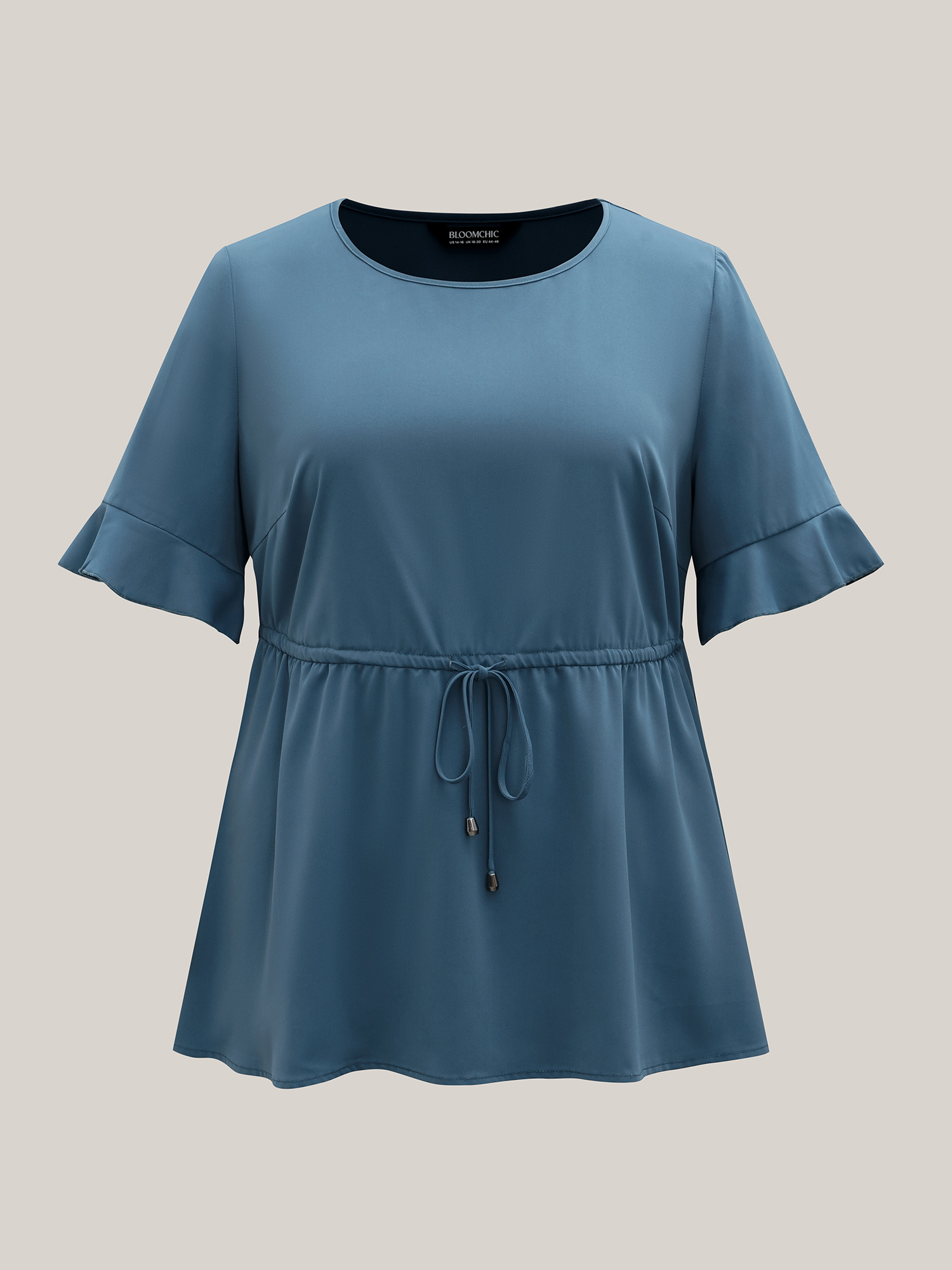 Plus Size Cerulean Ruffled Edge Sleeve Waist-Tie Shirt Women Casual Half Sleeve Round Neck Everyday Blouses BloomChic 26/4X 