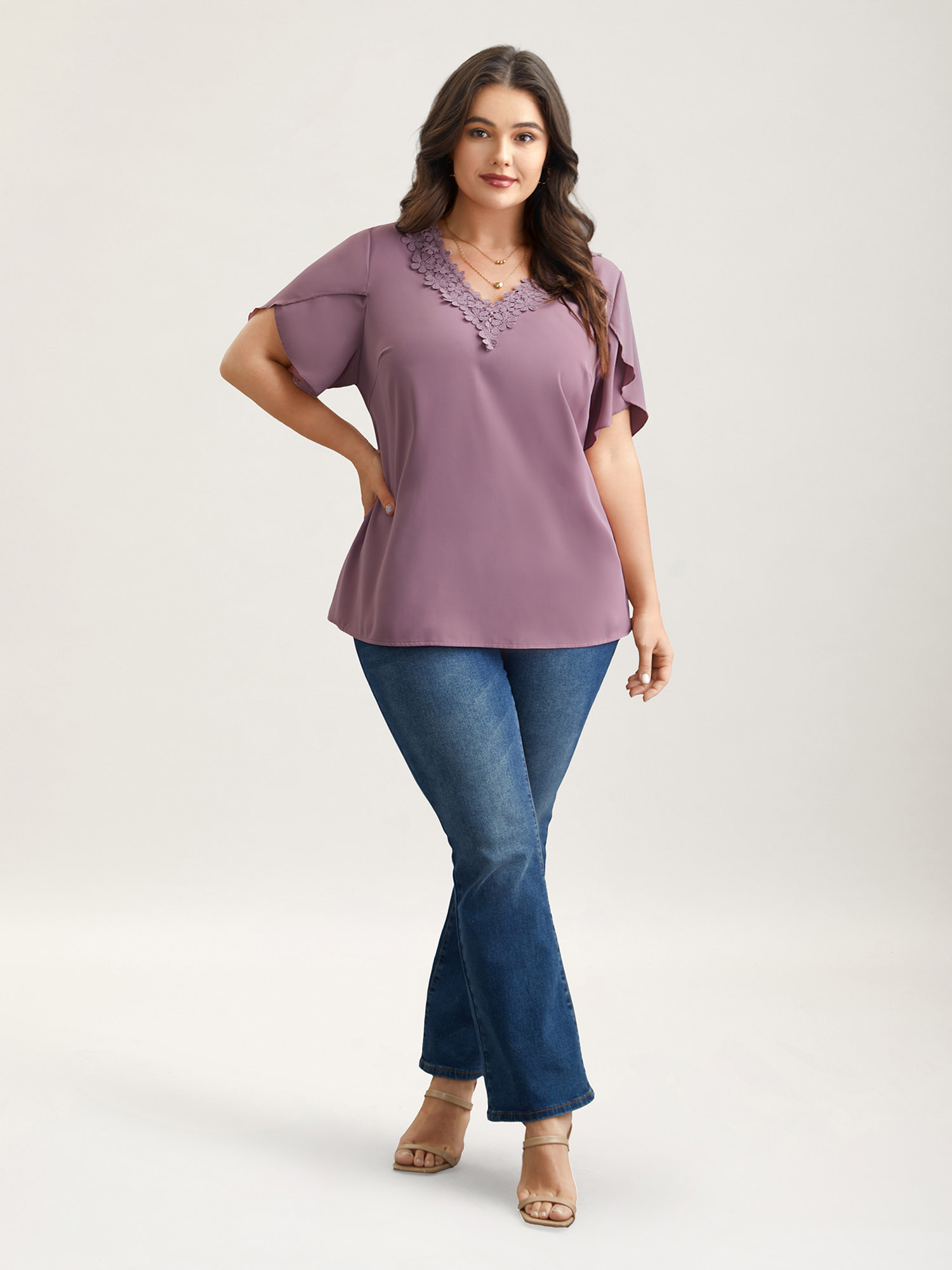 Plus Size Lilac Lace V-Neck Petal Sleeve Shirt Women Elegant Short sleeve V-neck Everyday Blouses BloomChic 28/5X 