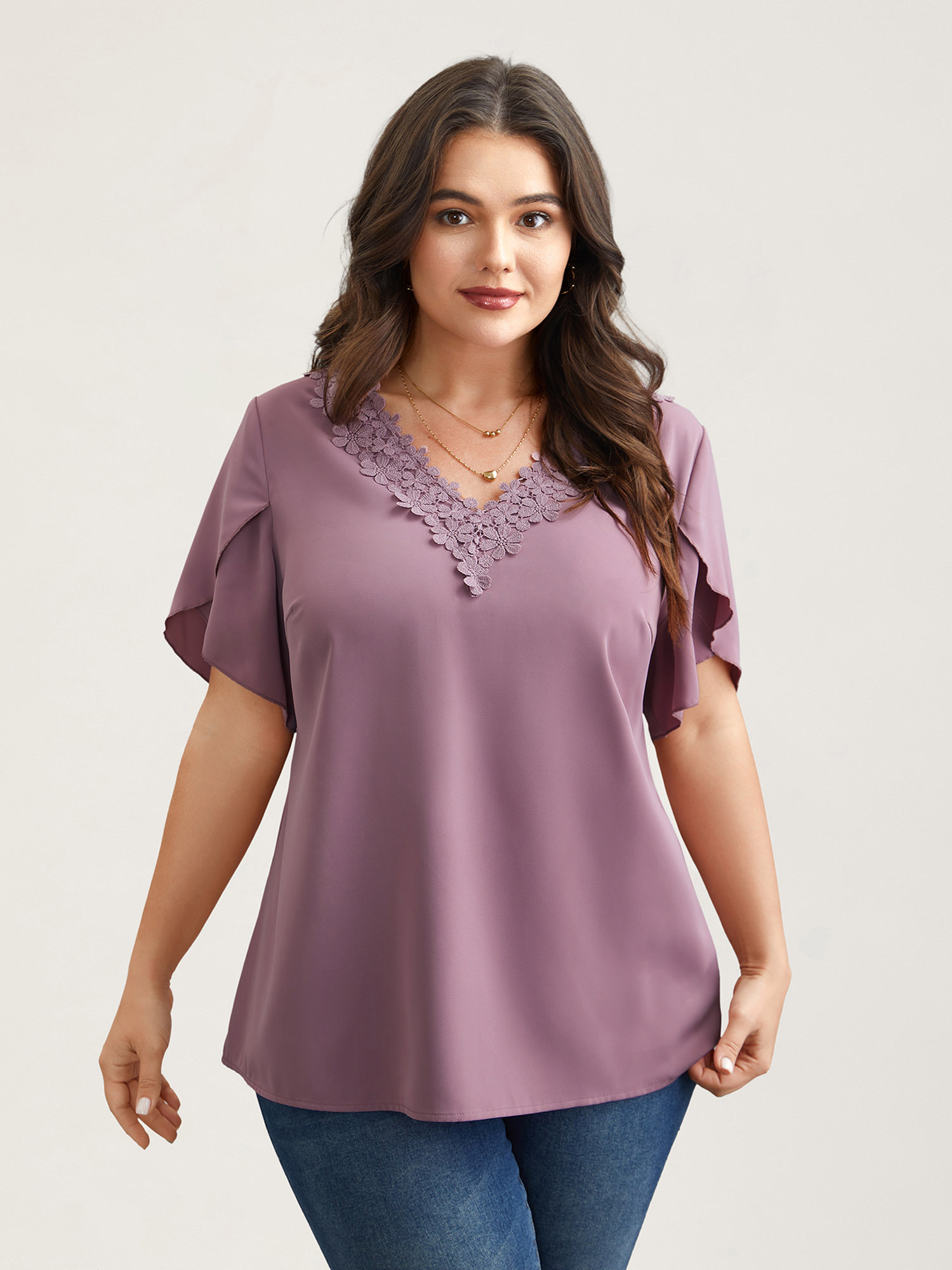 Plus Size Lilac Lace V-Neck Petal Sleeve Shirt Women Elegant Short sleeve V-neck Everyday Blouses BloomChic 28/5X 