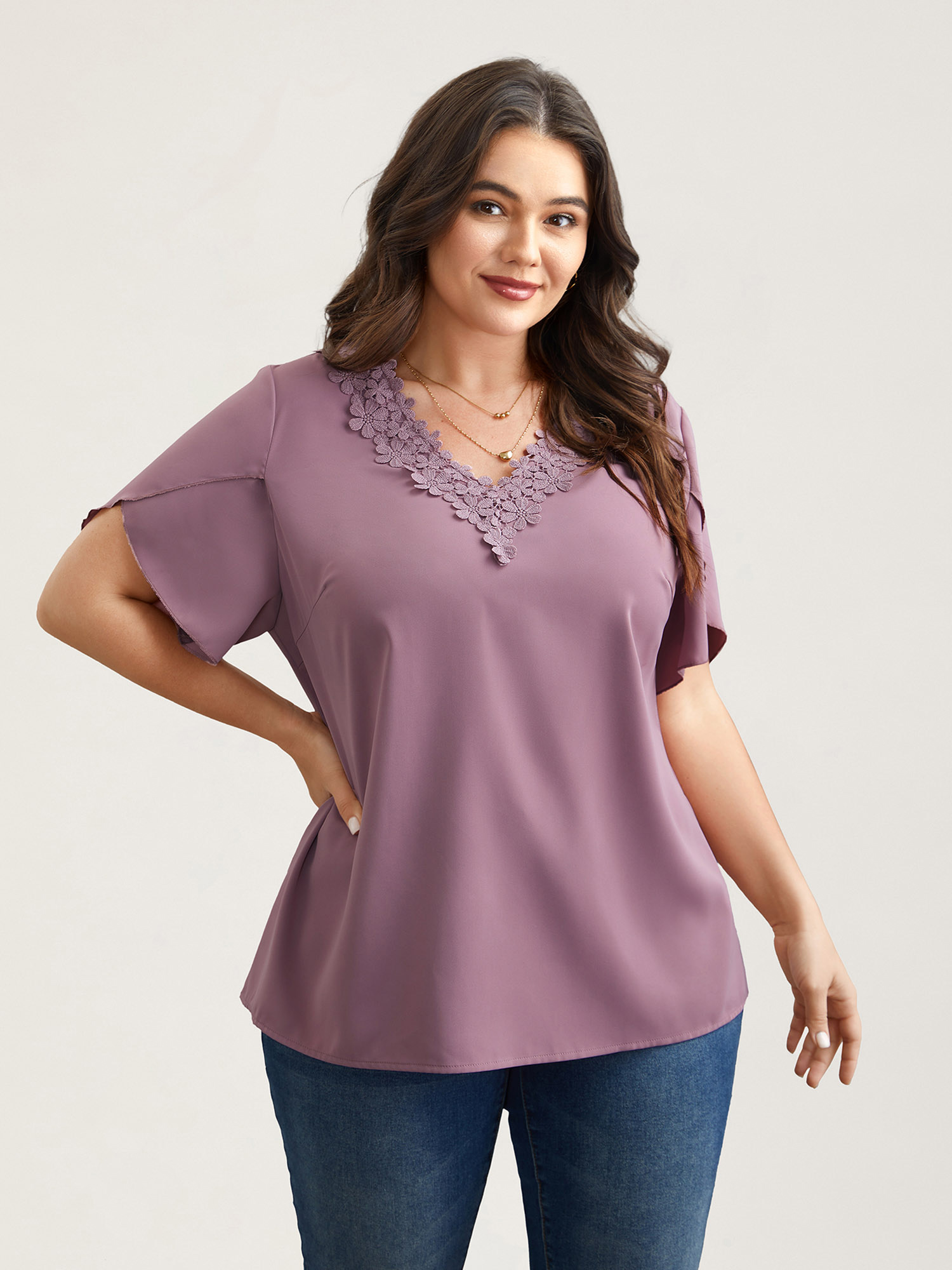 Plus Size Lilac Lace V-Neck Petal Sleeve Shirt Women Elegant Short sleeve V-neck Everyday Blouses BloomChic 28/5X 