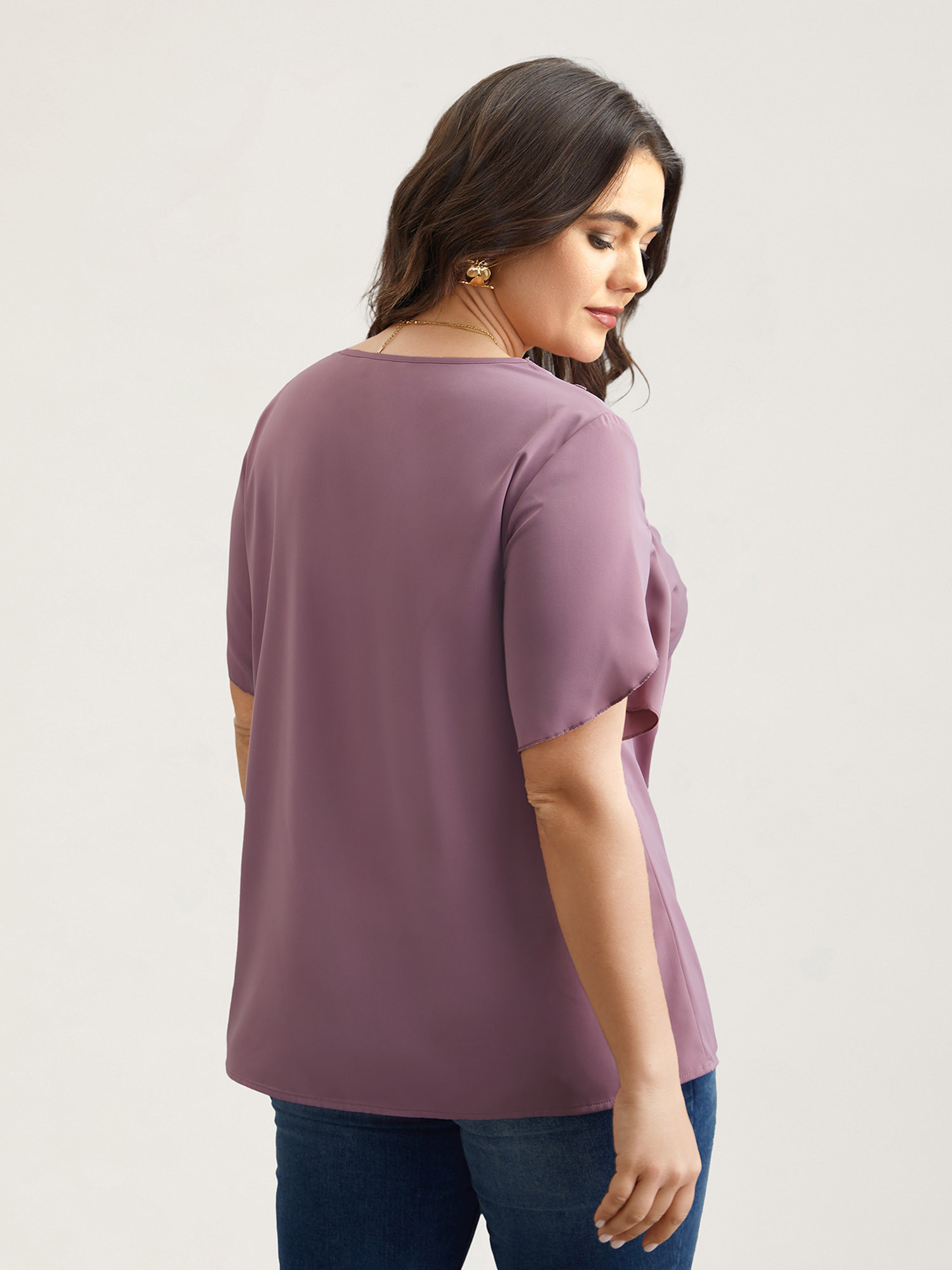 Plus Size Lilac Lace V-Neck Petal Sleeve Shirt Women Elegant Short sleeve V-neck Everyday Blouses BloomChic 28/5X 