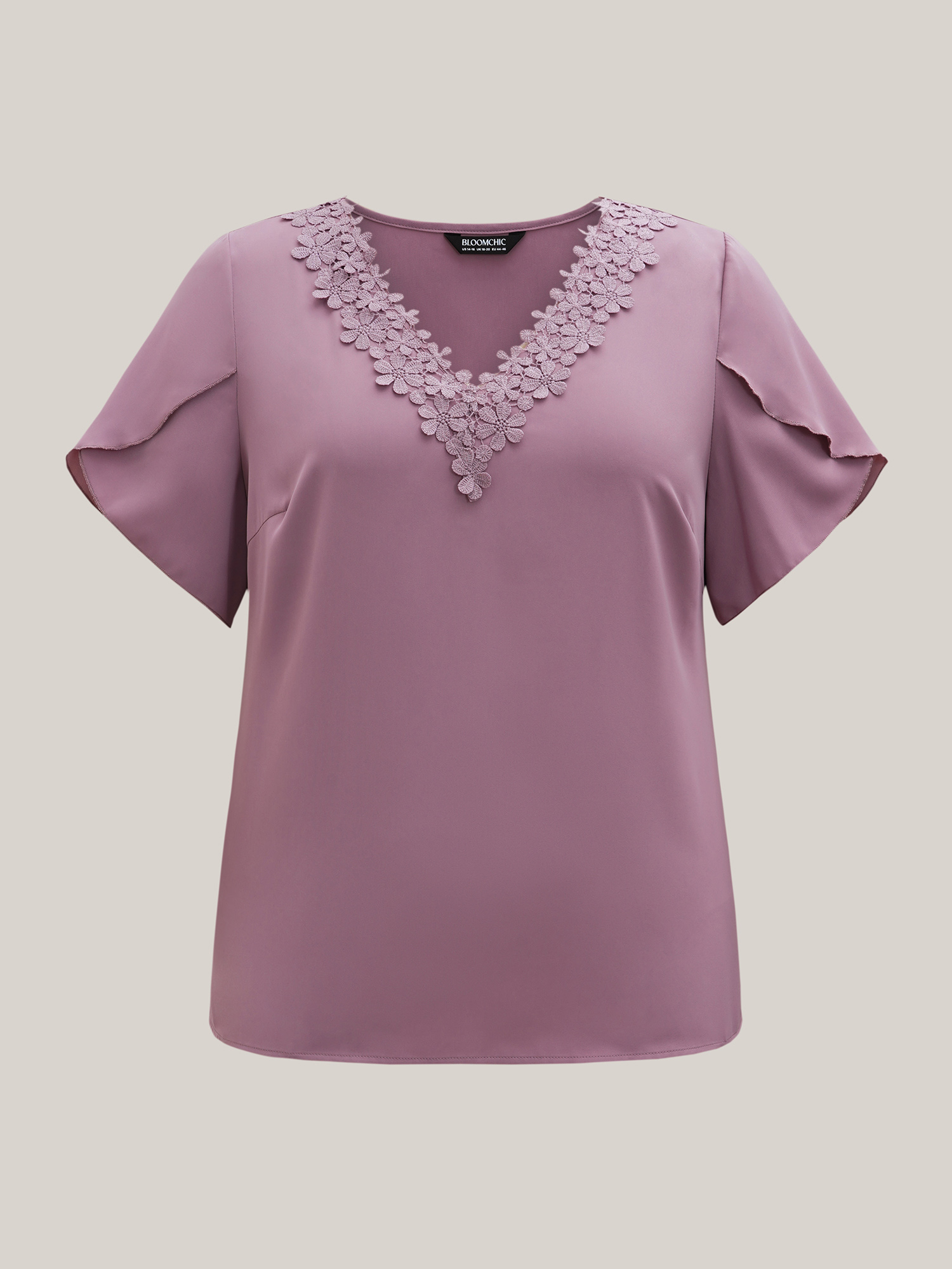 Plus Size Lilac Lace V-Neck Petal Sleeve Shirt Women Elegant Short sleeve V-neck Everyday Blouses BloomChic 28/5X 