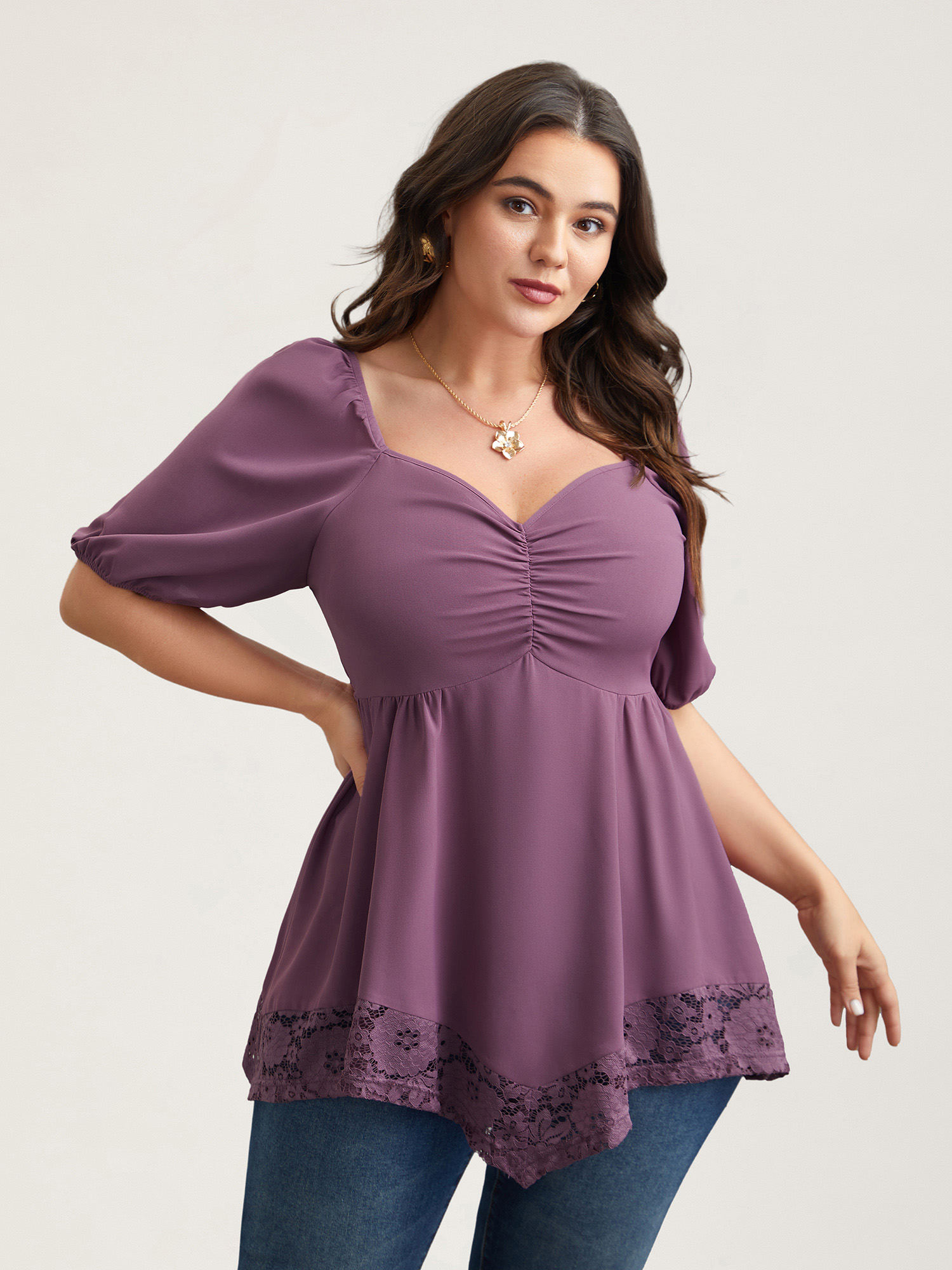 

Plus Size Mauve Sweetheart Neck Lace High-Low Hem Shirt Women Elegant Half Sleeve Heart neckline Everyday Blouses BloomChic