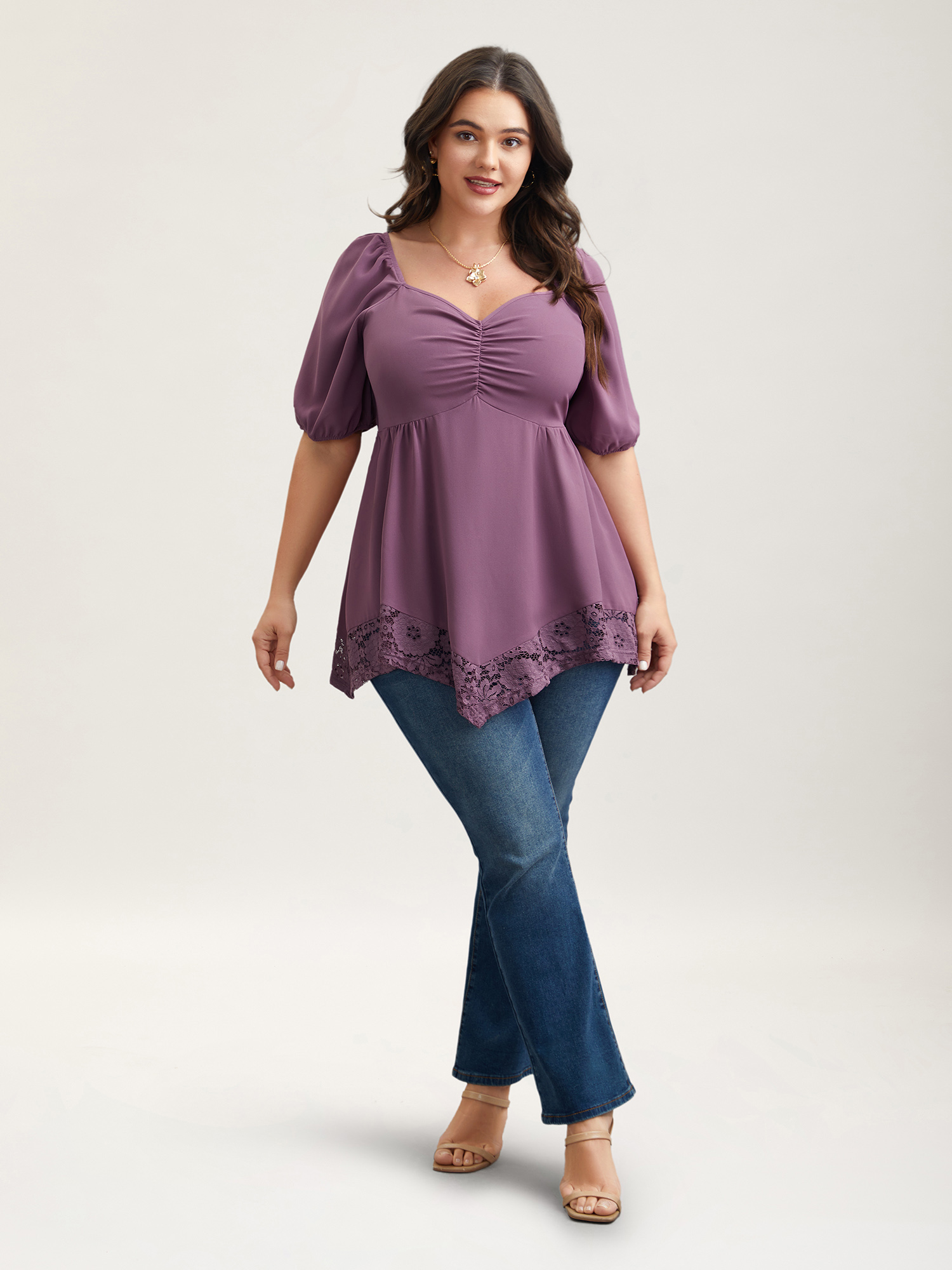 

Plus Size Mauve Sweetheart Neck Lace High-Low Hem Shirt Women Elegant Half Sleeve Heart neckline Everyday Blouses BloomChic