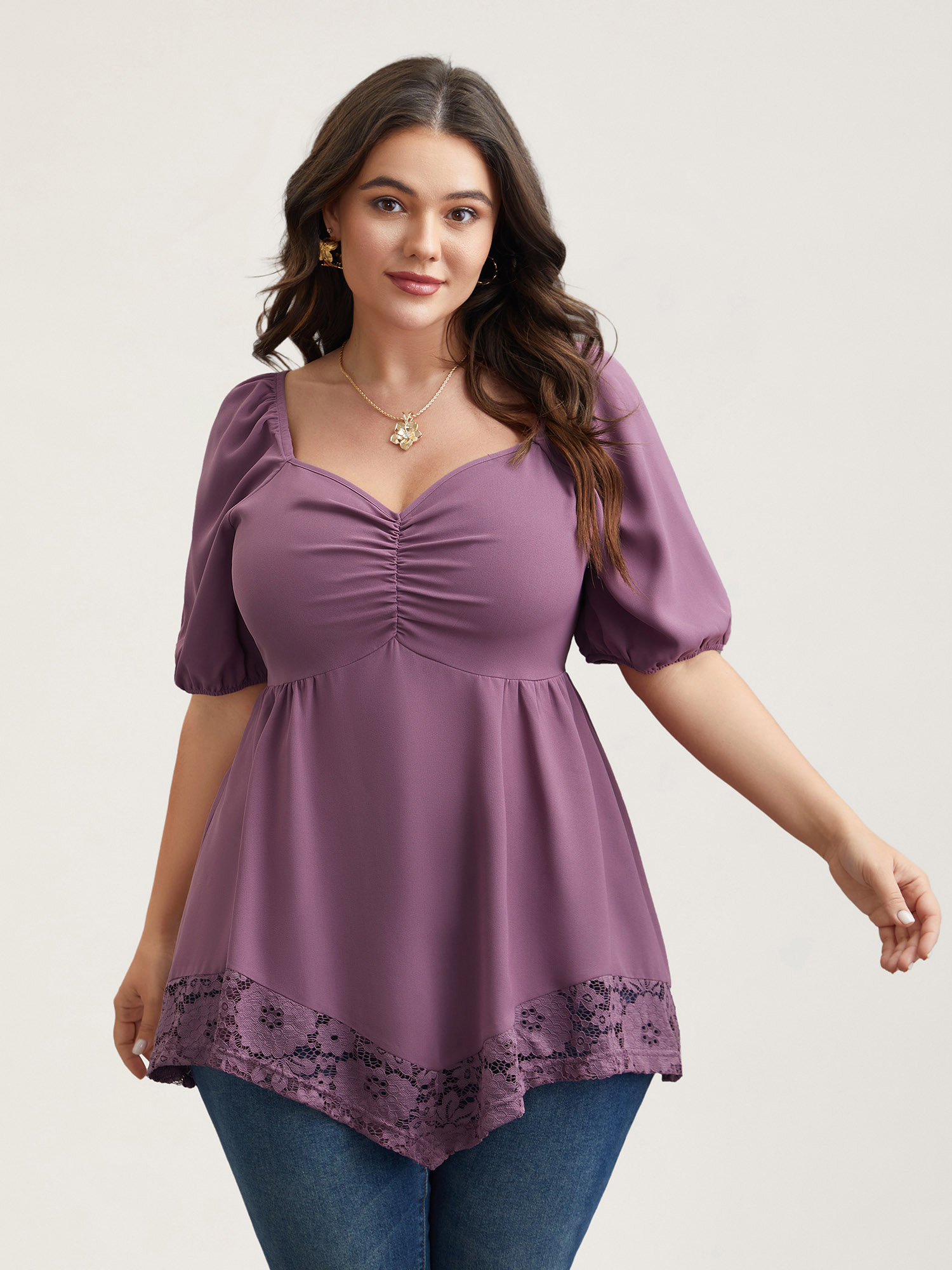 Plus Size Mauve Sweetheart Neck Lace High-Low Hem Shirt Women Elegant Half Sleeve Heart neckline Everyday Blouses BloomChic 10/M 