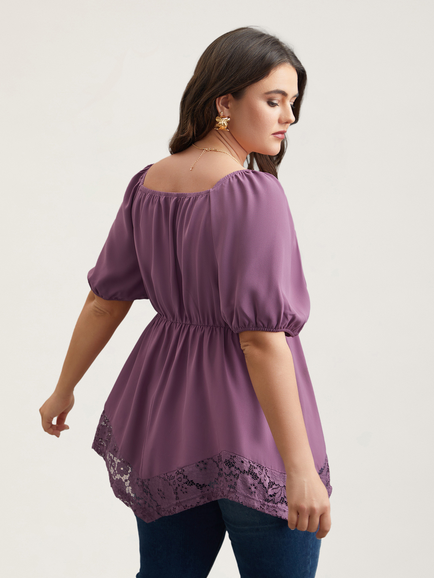 Plus Size Mauve Sweetheart Neck Lace High-Low Hem Shirt Women Elegant Half Sleeve Heart neckline Everyday Blouses BloomChic 10/M 