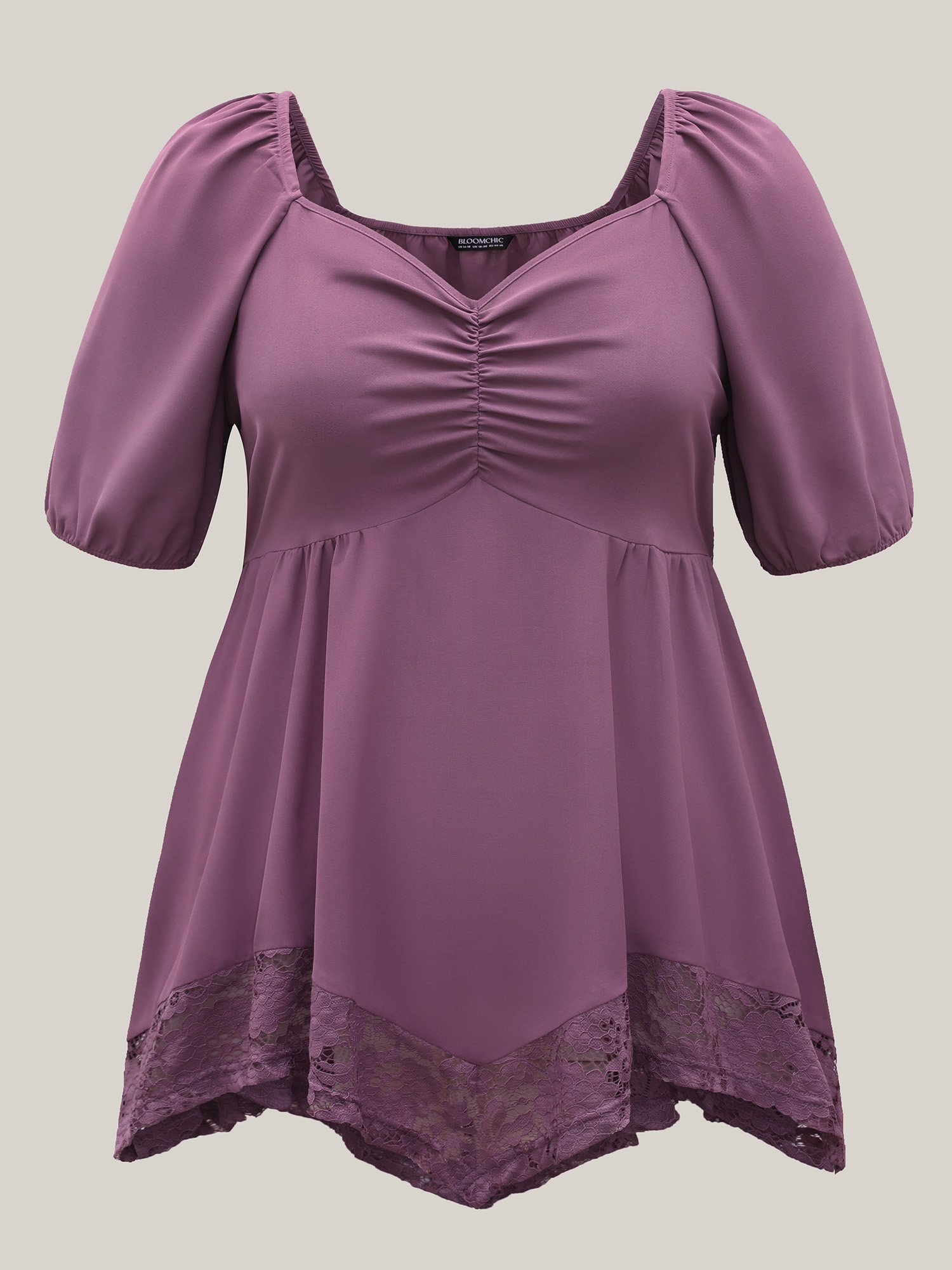 Plus Size Mauve Sweetheart Neck Lace High-Low Hem Shirt Women Elegant Half Sleeve Heart neckline Everyday Blouses BloomChic 10/M 