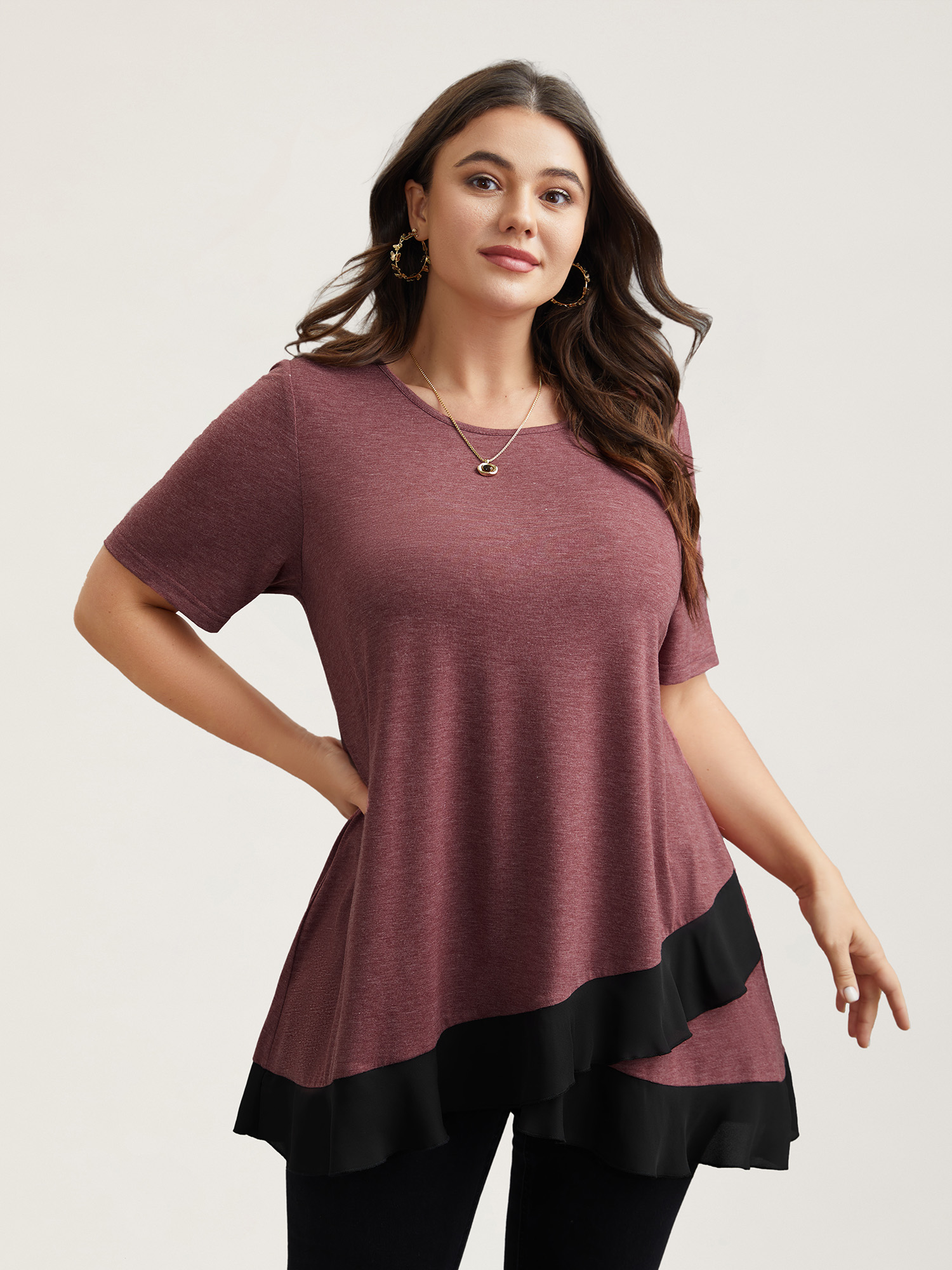 

Plus Size Color Contrast Overlap Hem Flared Top Russet Round Neck Short sleeve Elegant Jersey Tops