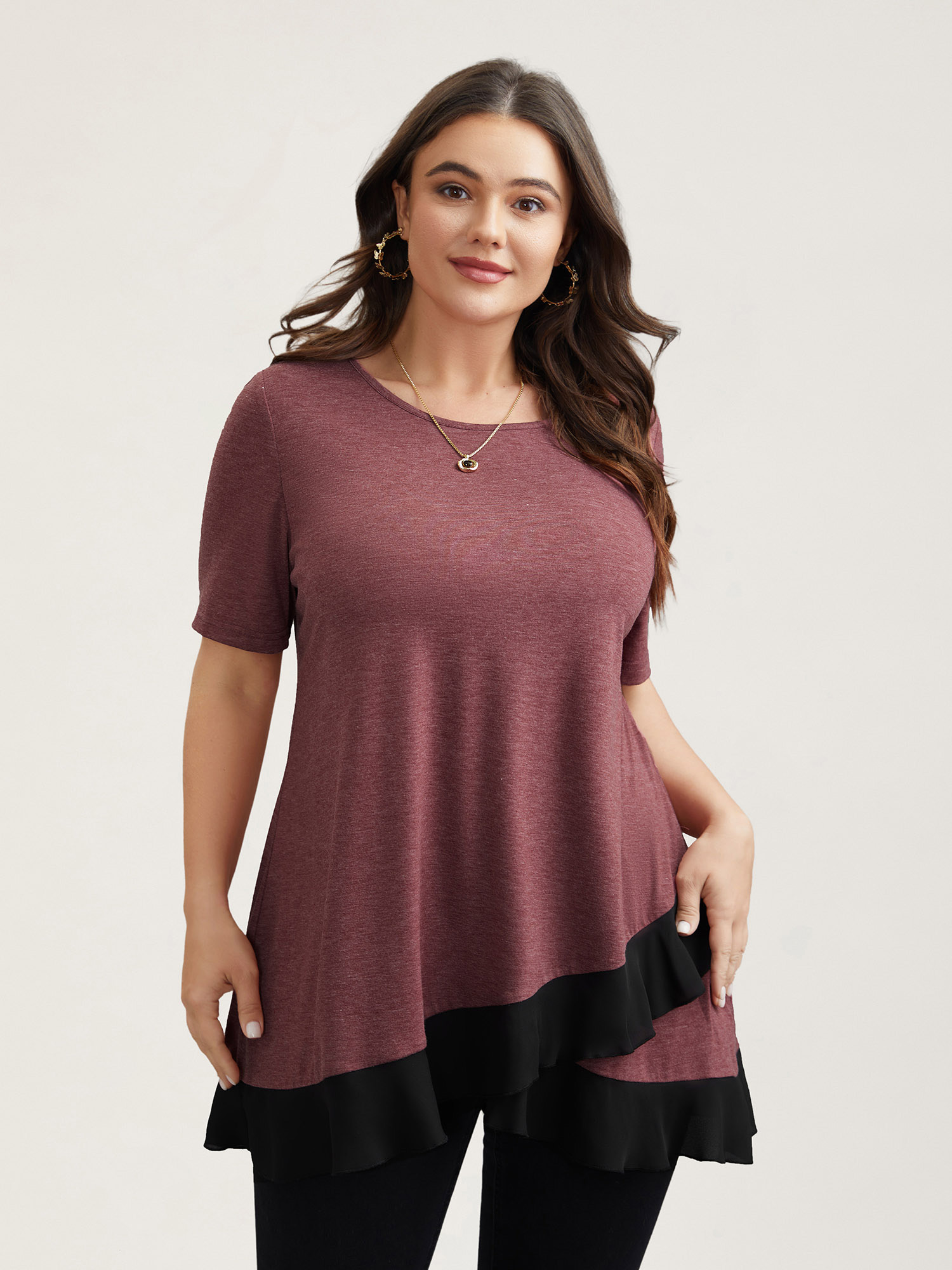 

Plus Size Color Contrast Overlap Hem Flared Top Russet Round Neck Short sleeve Elegant Jersey Tops