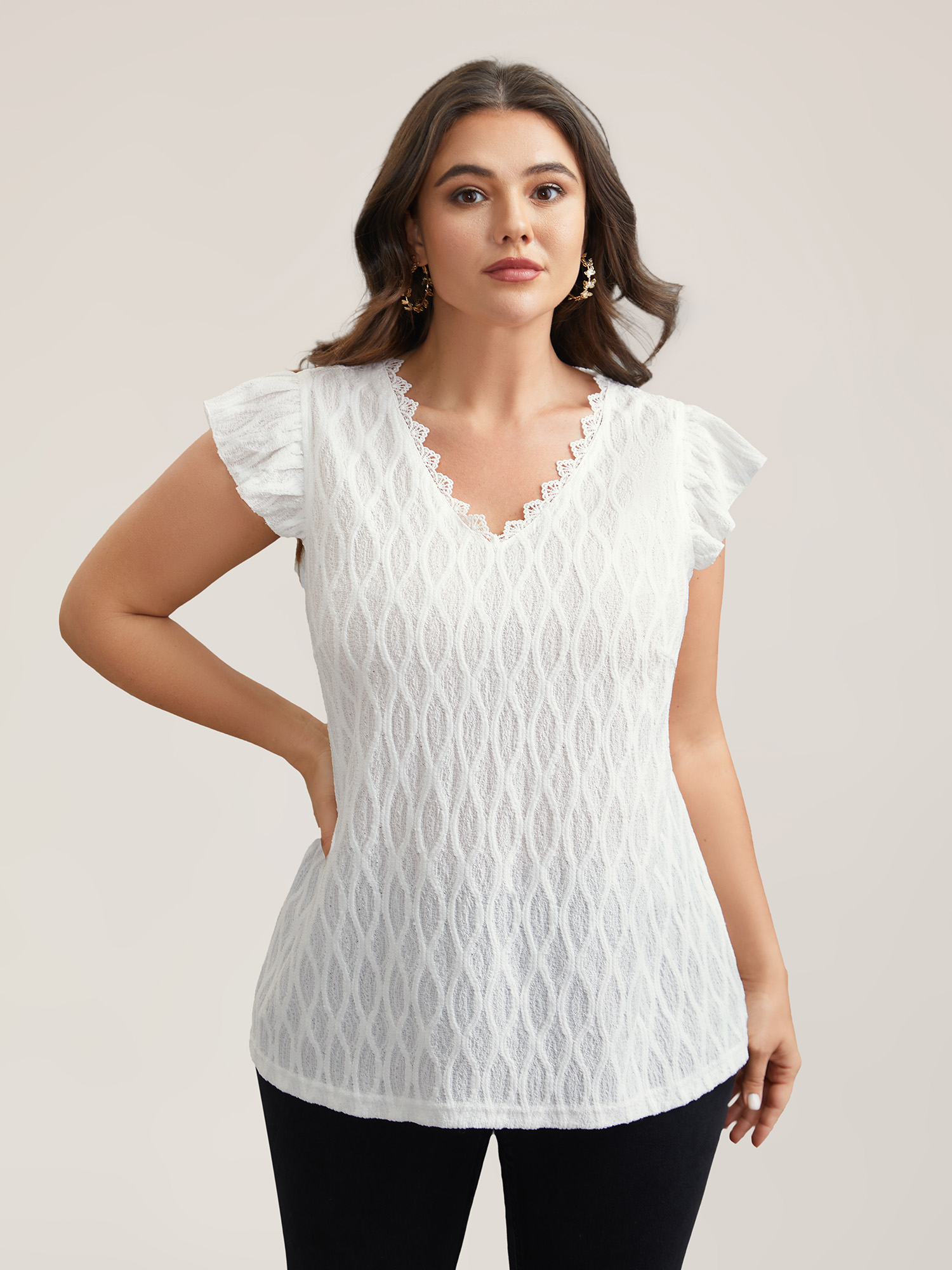 

Plus Size Textured Flutter Sleeve V-Neck Top Originalwhite V-neck Cap Sleeve Elegant Jersey Tops