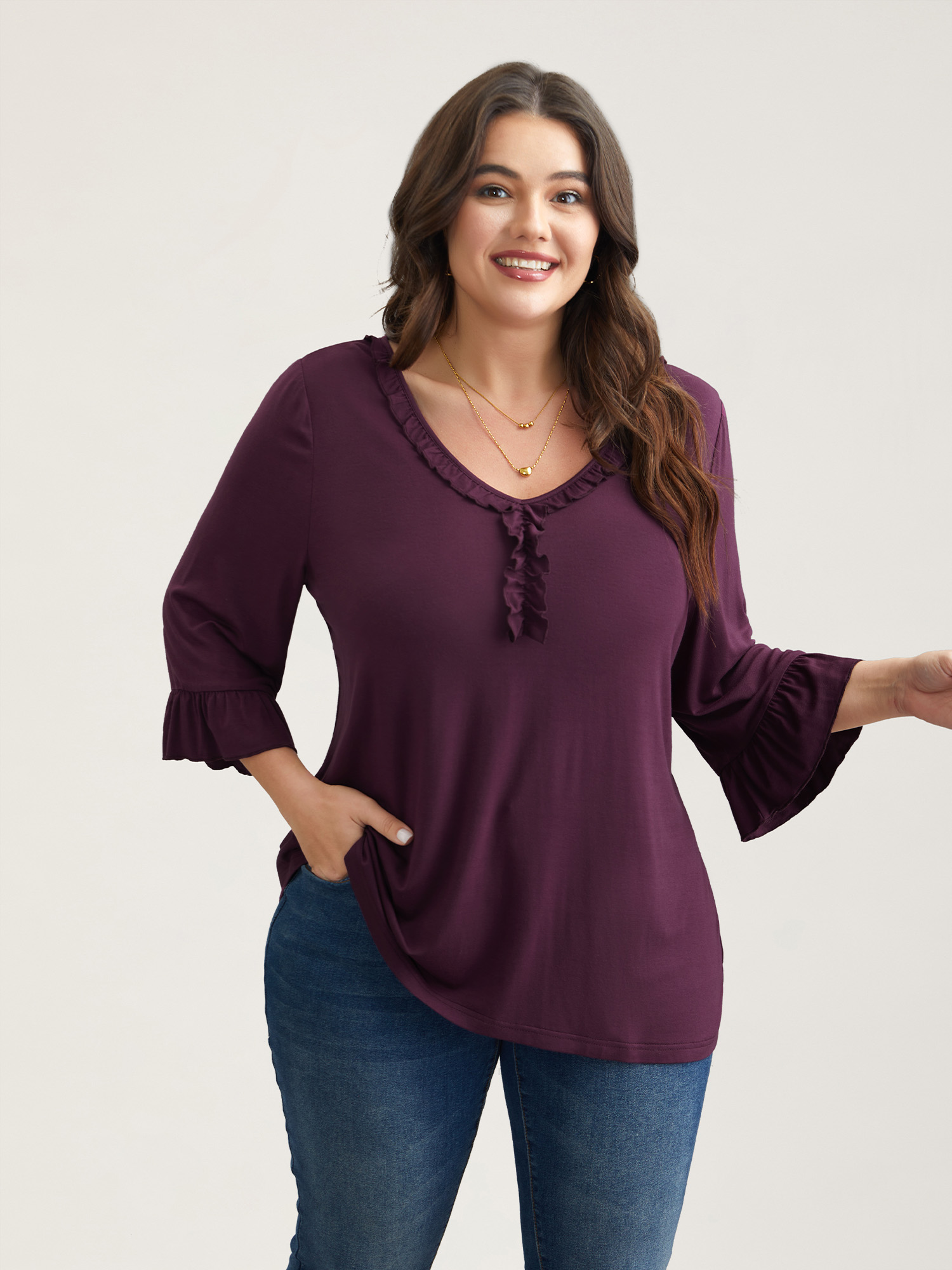 

Plus Size Wood-Ear Collar Ruffled Sleeve Top Plum V-neck Elbow-length sleeve Elegant Jersey Tops