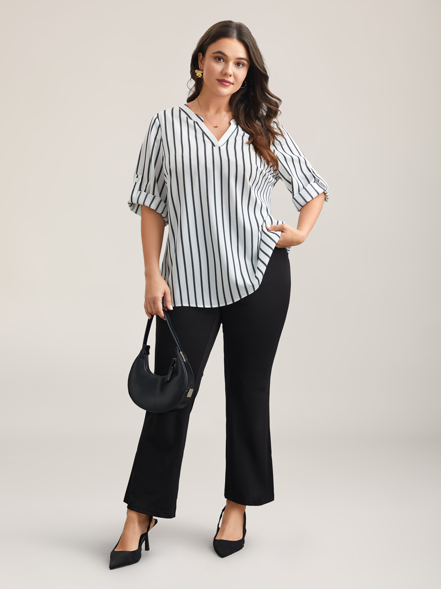 Plus Size WhiteSmoke Notched Collar Striped Tab Sleeve Shirt Women At the Office Elbow-length sleeve Notched collar Work Blouses BloomChic 14-16/1X 