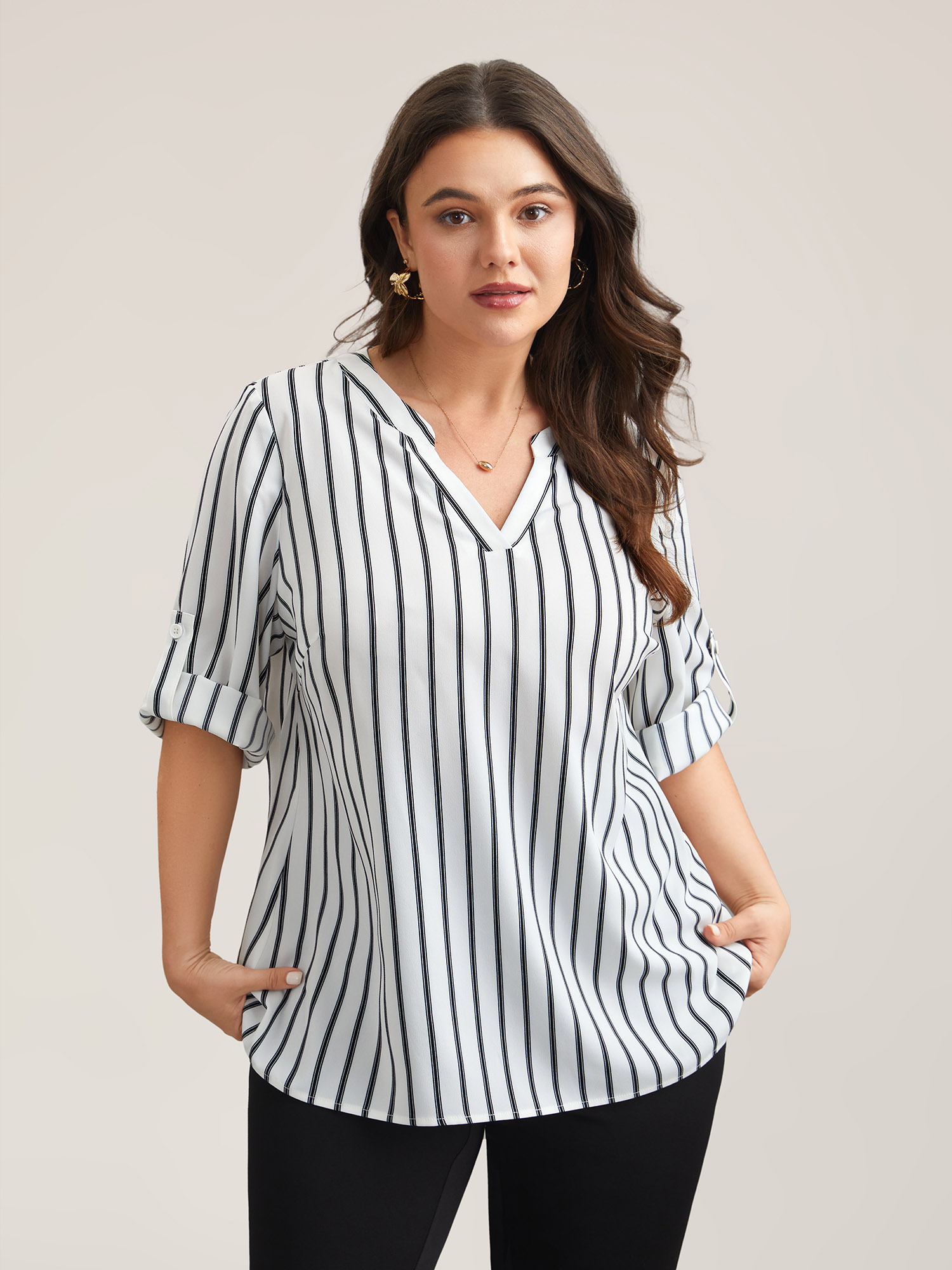 Plus Size WhiteSmoke Notched Collar Striped Tab Sleeve Shirt Women At the Office Elbow-length sleeve Notched collar Work Blouses BloomChic 14-16/1X 