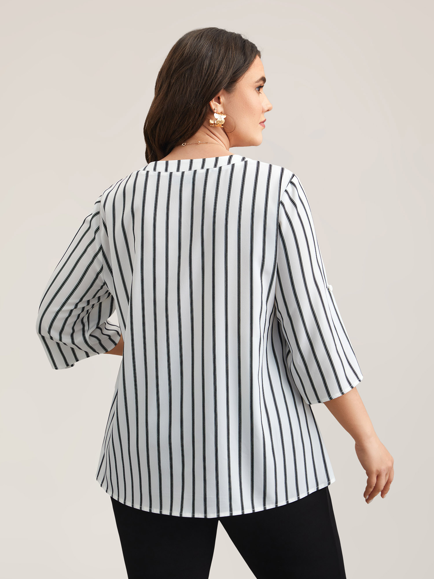 Plus Size WhiteSmoke Notched Collar Striped Tab Sleeve Shirt Women At the Office Elbow-length sleeve Notched collar Work Blouses BloomChic 14-16/1X 