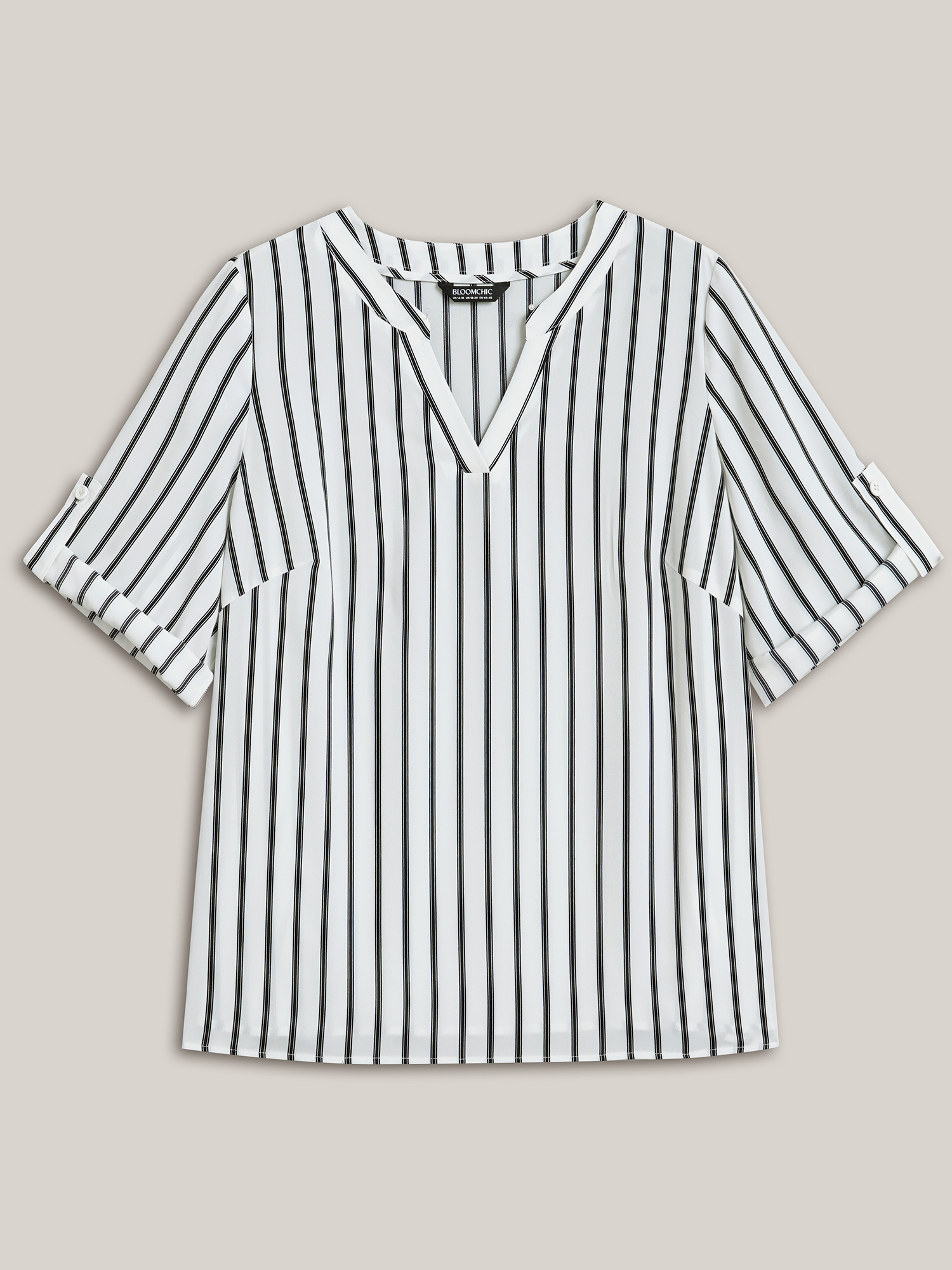 Plus Size WhiteSmoke Notched Collar Striped Tab Sleeve Shirt Women At the Office Elbow-length sleeve Notched collar Work Blouses BloomChic 14-16/1X 