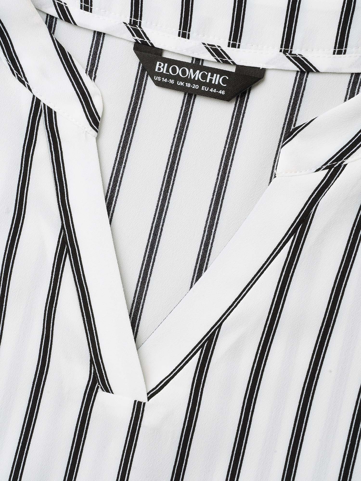 Plus Size WhiteSmoke Notched Collar Striped Tab Sleeve Shirt Women At the Office Elbow-length sleeve Notched collar Work Blouses BloomChic 14-16/1X 