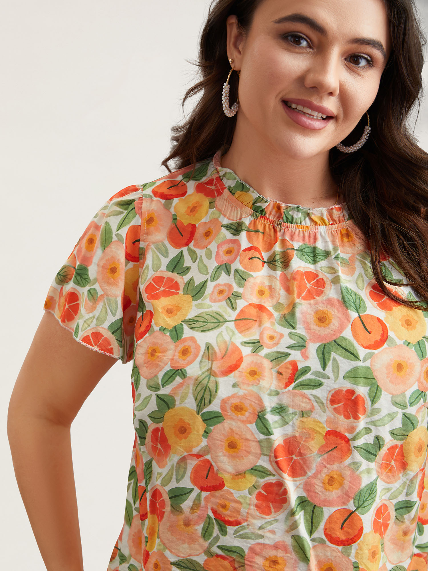 Plus Size Multicolor Vacation Print Ruffled Fitted Shirt Women Resort Short sleeve Stand-up collar Vacation Blouses BloomChic 18-20/2X 