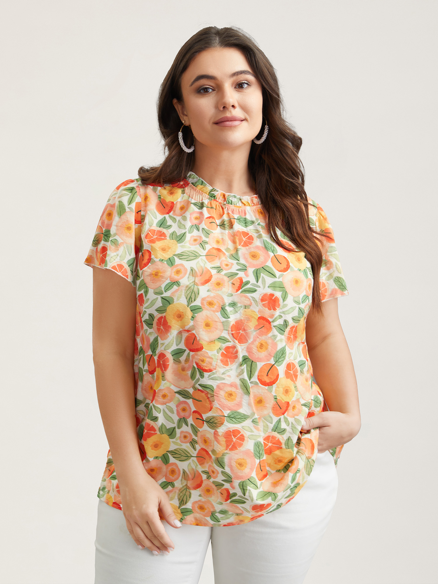 Plus Size Multicolor Vacation Print Ruffled Fitted Shirt Women Resort Short sleeve Stand-up collar Vacation Blouses BloomChic 18-20/2X 