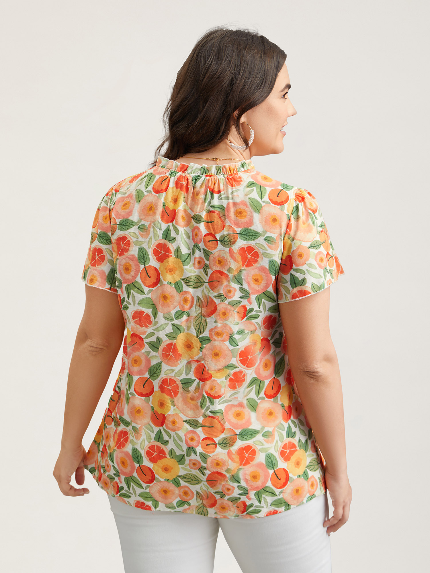 Plus Size Multicolor Vacation Print Ruffled Fitted Shirt Women Resort Short sleeve Stand-up collar Vacation Blouses BloomChic 18-20/2X 