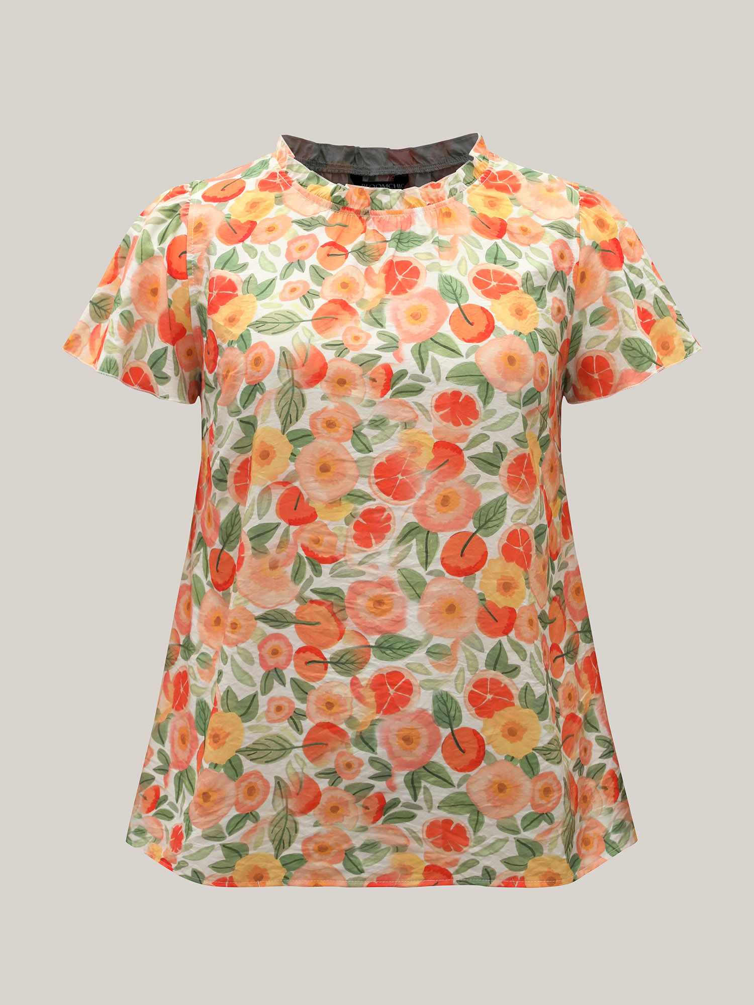 Plus Size Multicolor Vacation Print Ruffled Fitted Shirt Women Resort Short sleeve Stand-up collar Vacation Blouses BloomChic 18-20/2X 