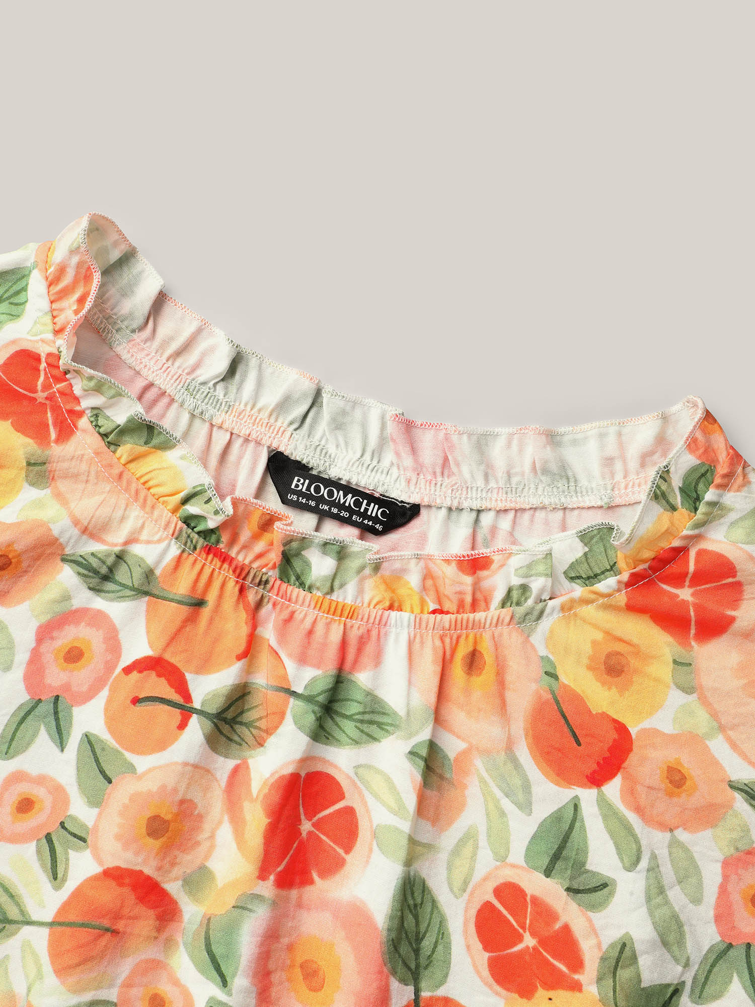 Plus Size Multicolor Vacation Print Ruffled Fitted Shirt Women Resort Short sleeve Stand-up collar Vacation Blouses BloomChic 18-20/2X 