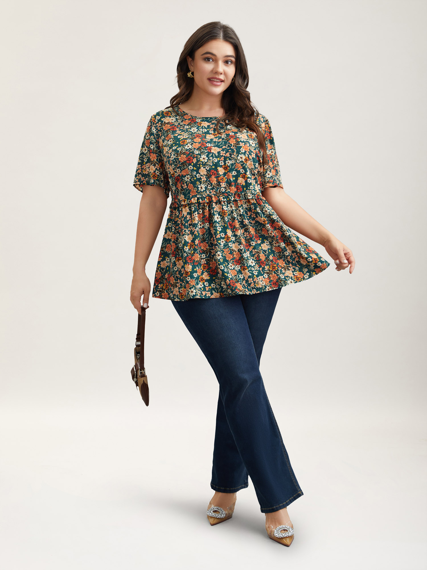 Plus Size DarkSlateGray Floral Ruffled Round Neck Shirt Women Elegant Short sleeve Round Neck Everyday Blouses BloomChic 28/5X 
