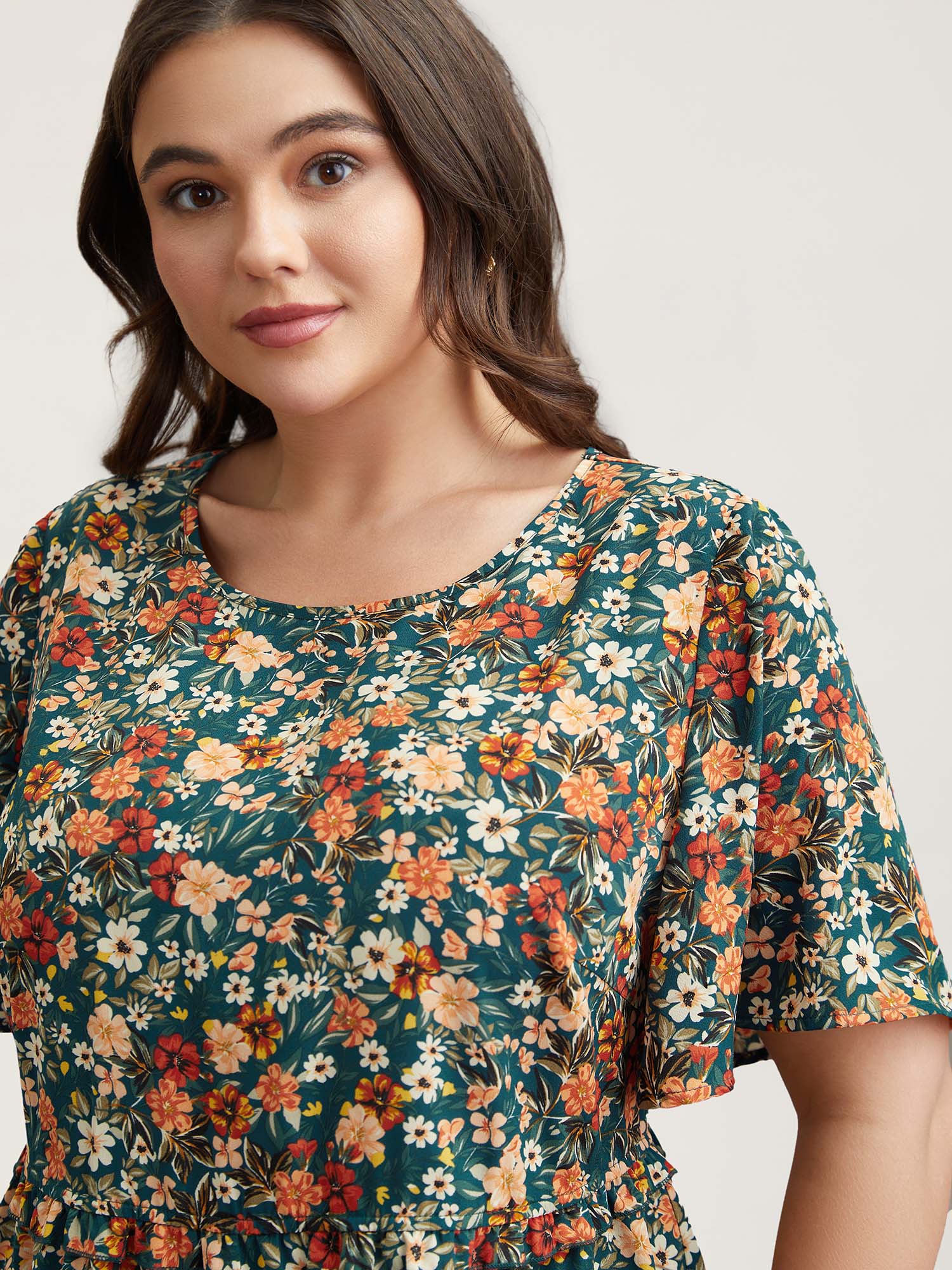 Plus Size DarkSlateGray Floral Ruffled Round Neck Shirt Women Elegant Short sleeve Round Neck Everyday Blouses BloomChic 28/5X 