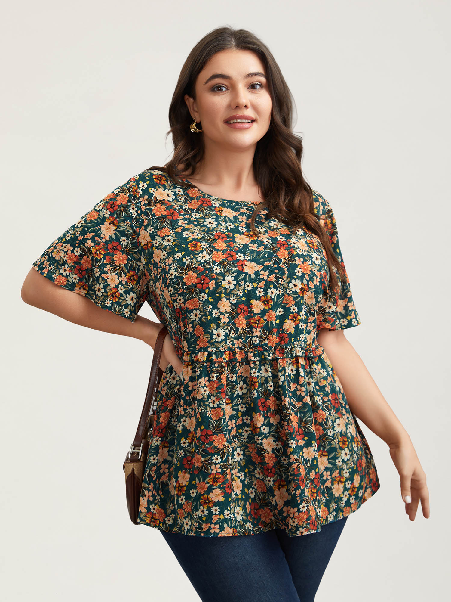 Plus Size DarkSlateGray Floral Ruffled Round Neck Shirt Women Elegant Short sleeve Round Neck Everyday Blouses BloomChic 28/5X 