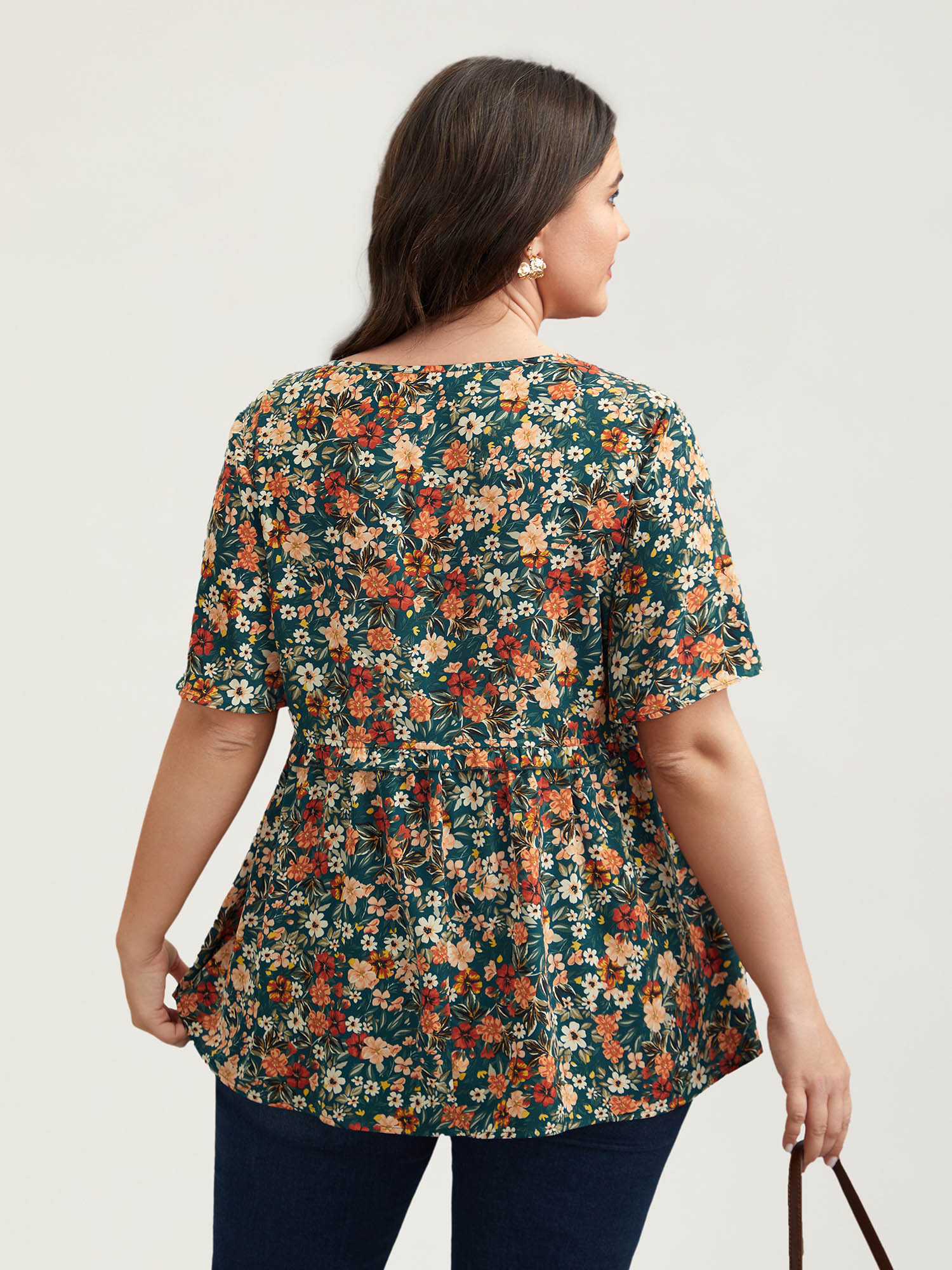 Plus Size DarkSlateGray Floral Ruffled Round Neck Shirt Women Elegant Short sleeve Round Neck Everyday Blouses BloomChic 28/5X 