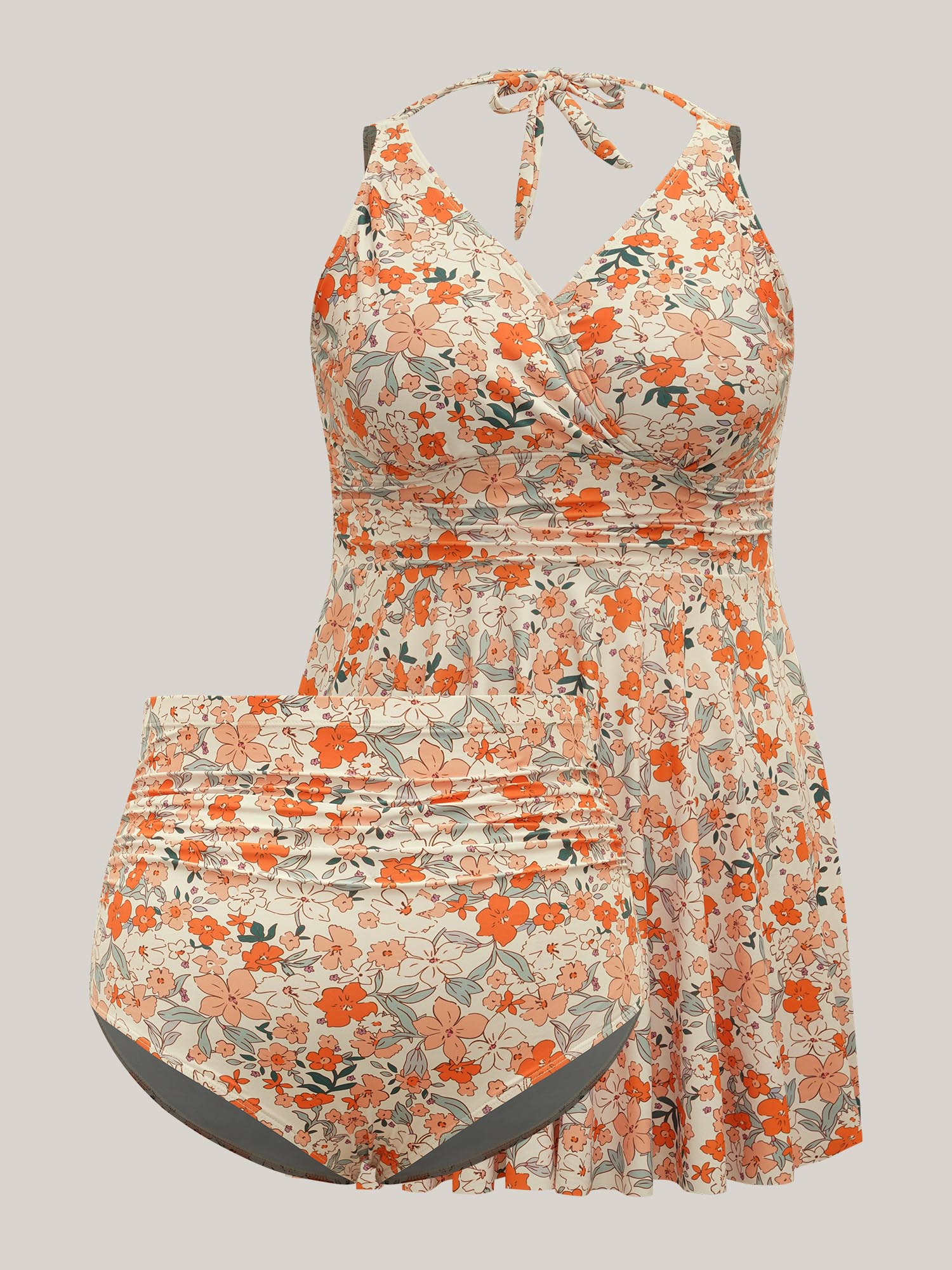 Plus Size Floral Print Fit and Flare Swim Dress Women`s Swimwear Apricot Overlap Collar Curve Swim Dresses BloomChic 22-24/3X 