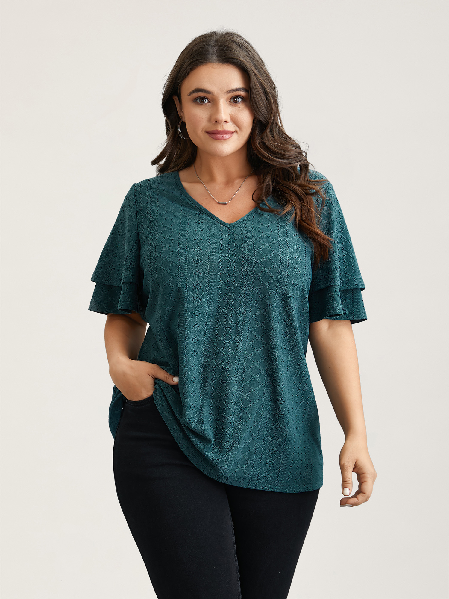 

Plus Size Jacquard Textured Lotus Leaf Sleeve Top Cyan V-neck Short sleeve Elegant Jersey Tops