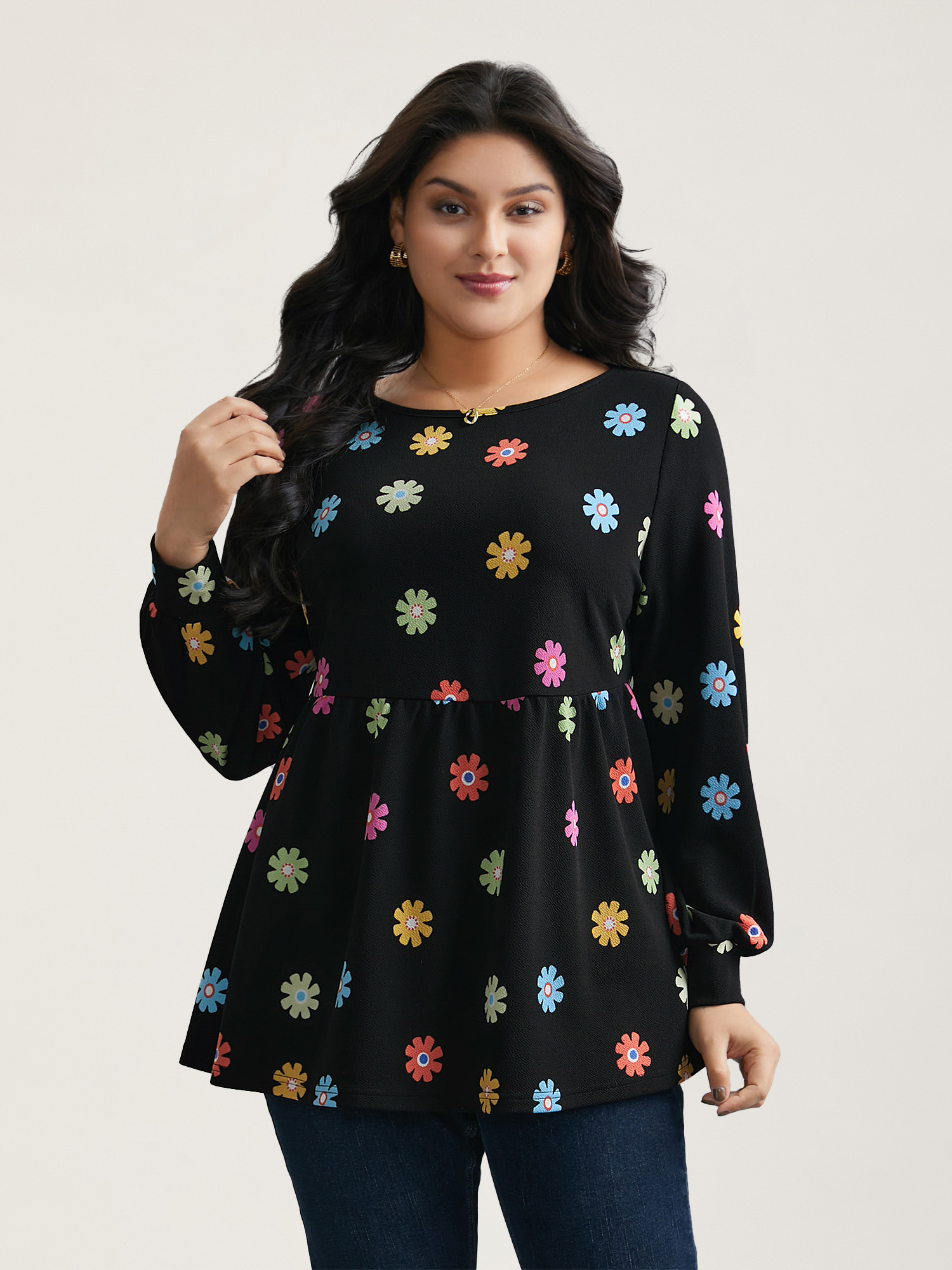 

Plus Size Multi-Color Floral Textured Stretchy Knit Top Black Round Neck Extra Long Sleeve Elegant Jersey Tops