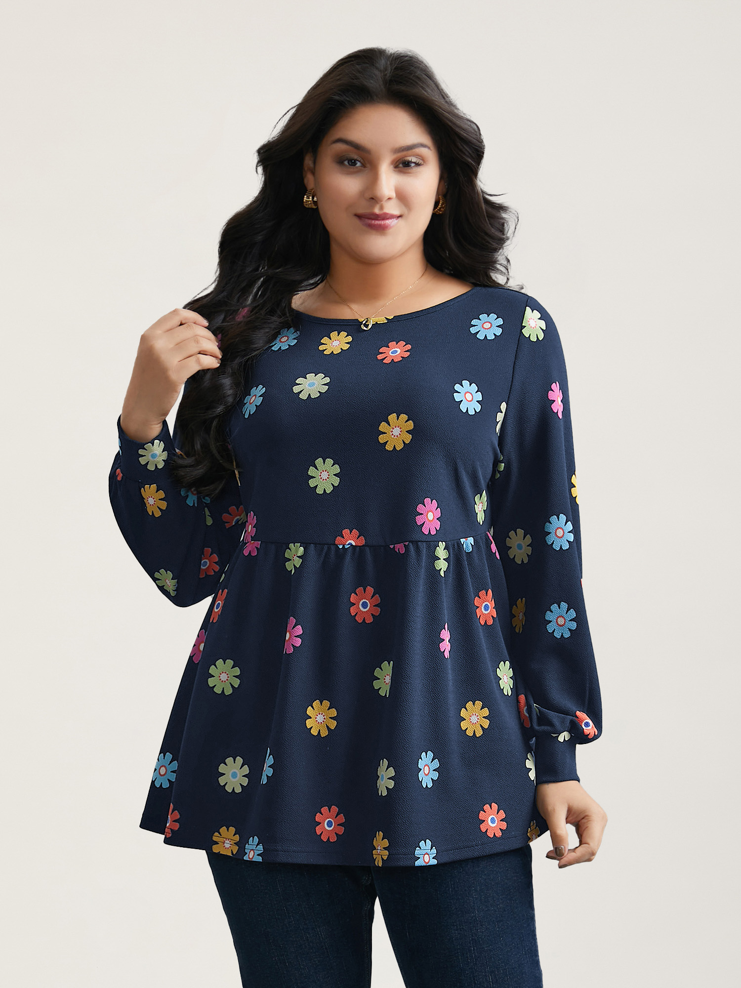 

Plus Size Multi-Color Floral Textured Stretchy Knit Top Indigo Round Neck Extra Long Sleeve Elegant Jersey Tops