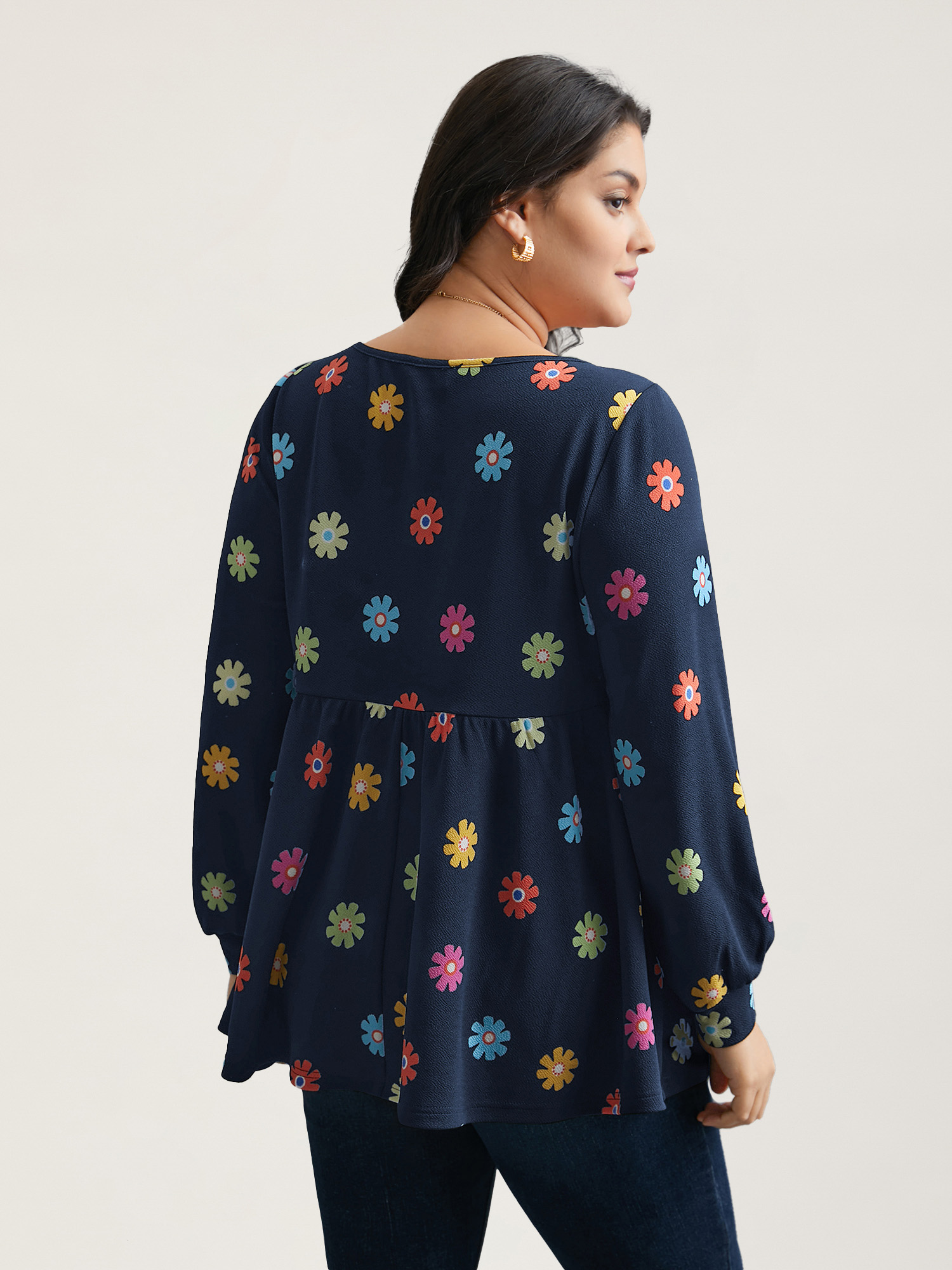 

Plus Size Multi-Color Floral Textured Stretchy Knit Top Indigo Round Neck Extra Long Sleeve Elegant Jersey Tops