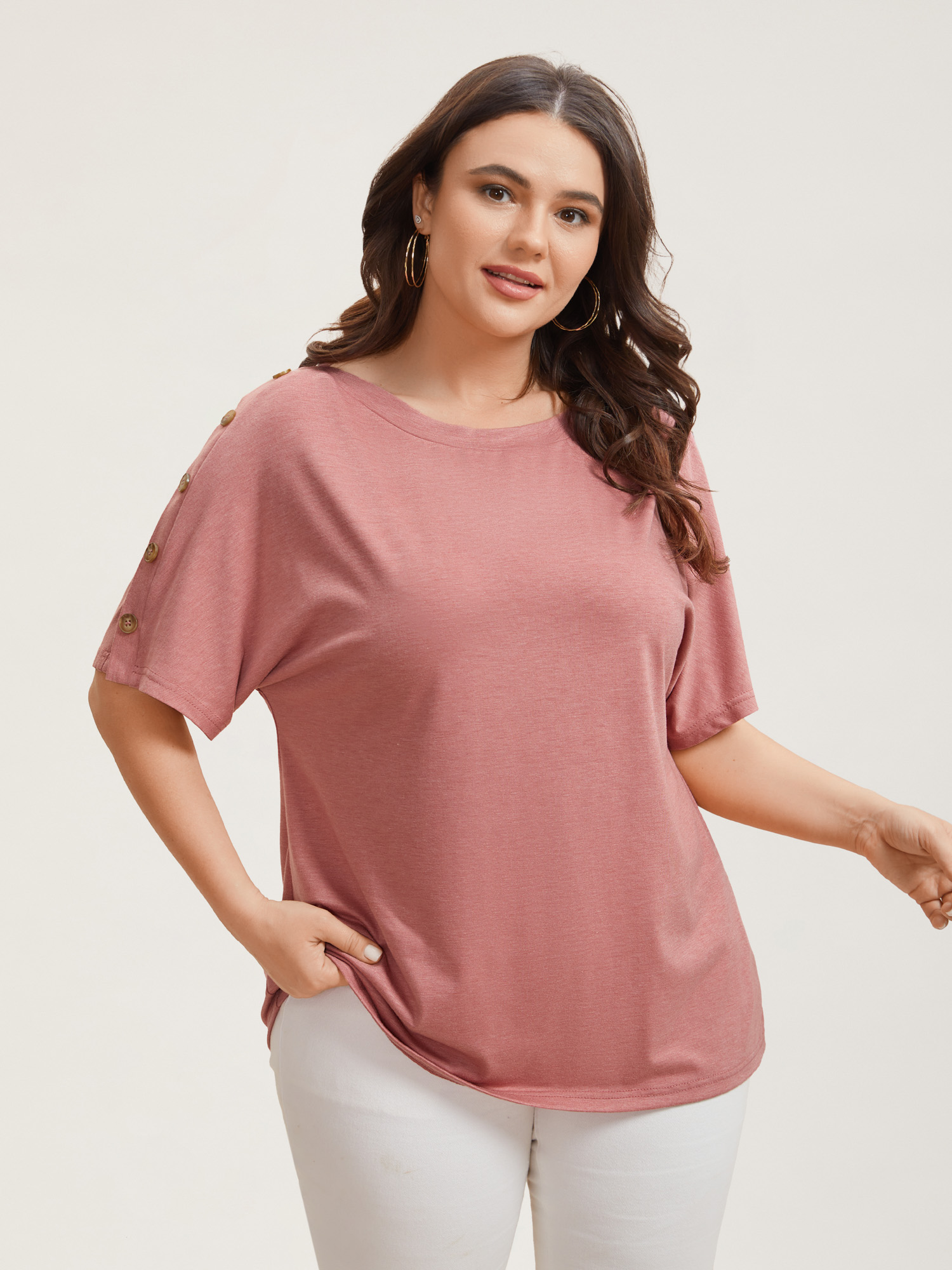 

Plus Size Decorative Buttons Half-Sleeve Plain T-Shirt Rouge Women Casual Button Boat Neck Everyday T-shirts BloomChic