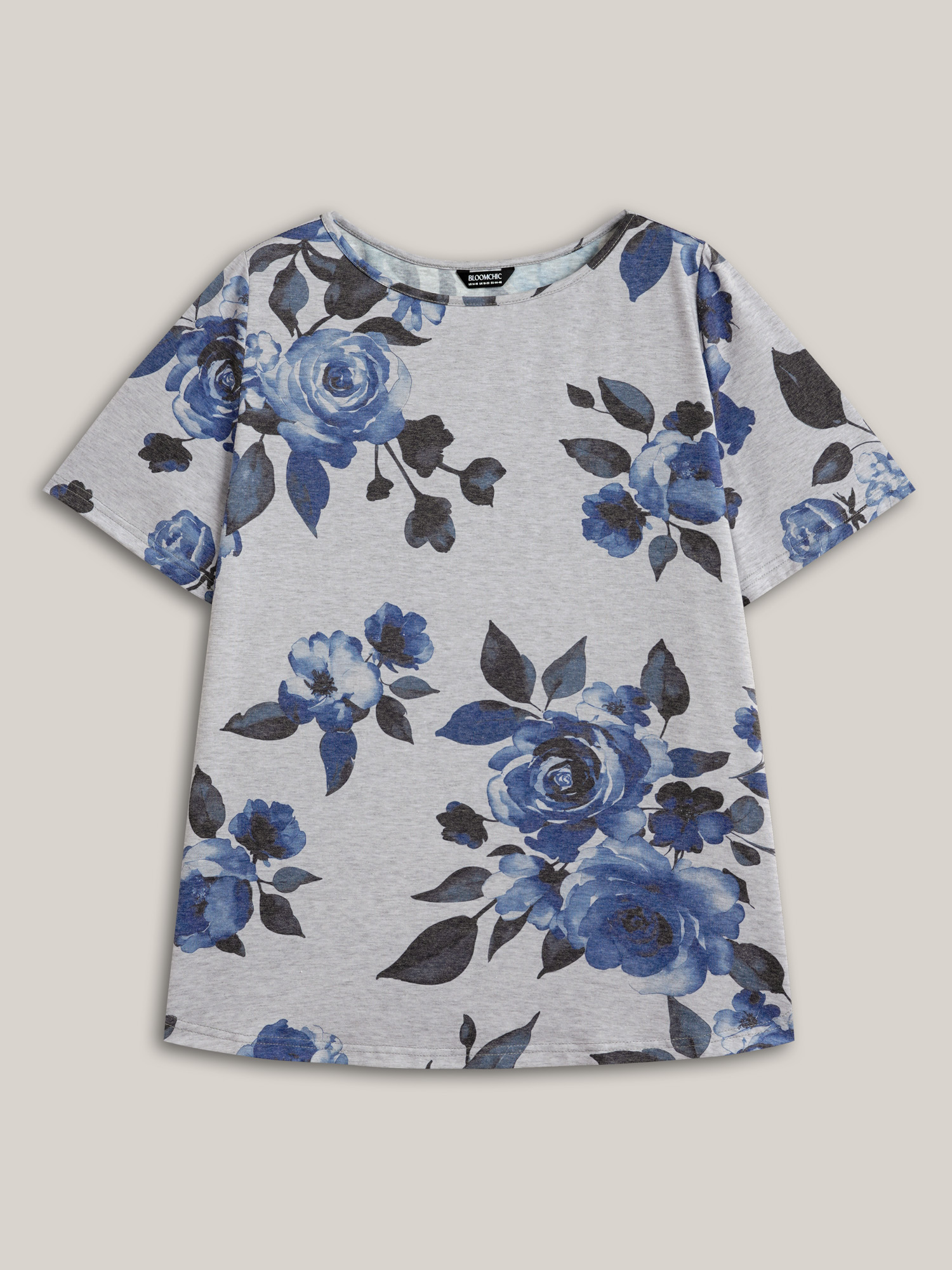 Plus Size Floral Print Round Neck Fitted T-Shirt DarkGray Women Casual Non Natural Flowers Boat Neck Everyday T-shirts BloomChic 30/6X 