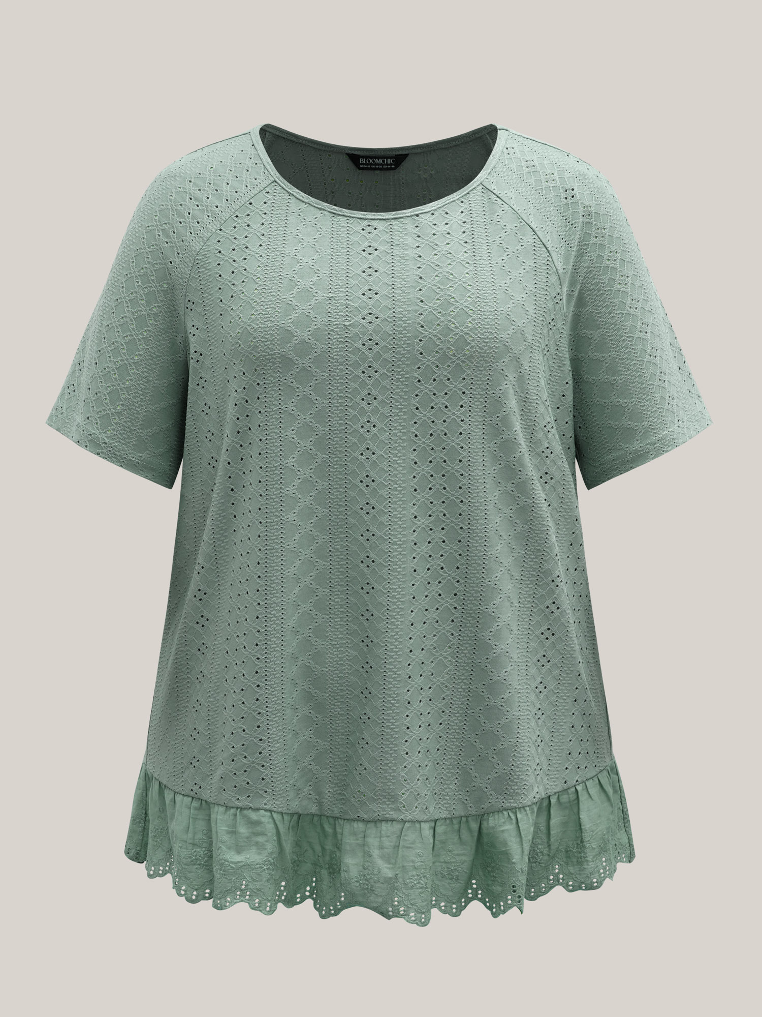 

Plus Size Textured Raglan Sleeve Lace Top Greenbean Round Neck Short sleeve Casual Jersey Tops