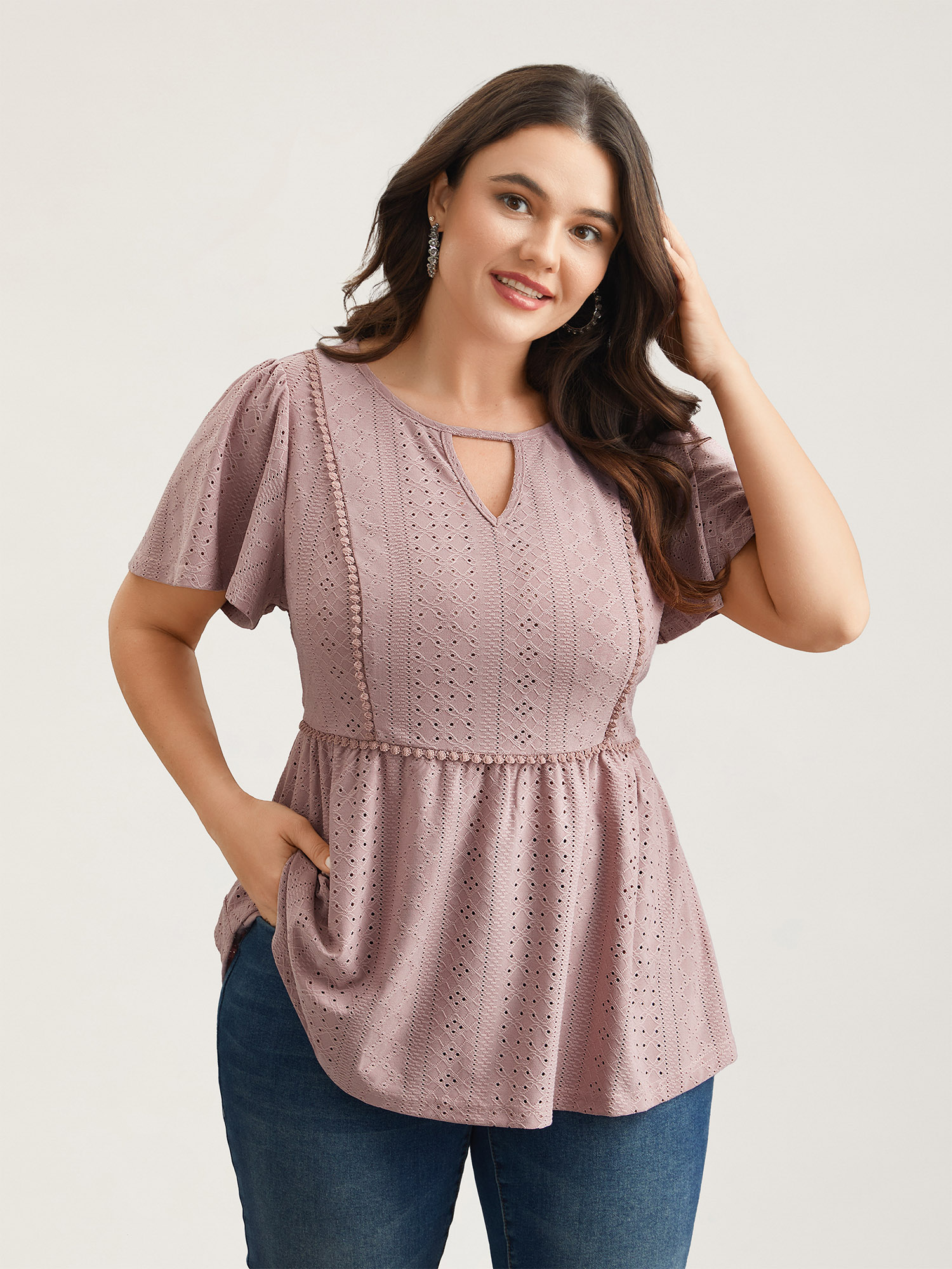 

Plus Size Sheer Textured Lace Panel Flared Top Dirtypink Notched collar Short sleeve Elegant Jersey Tops