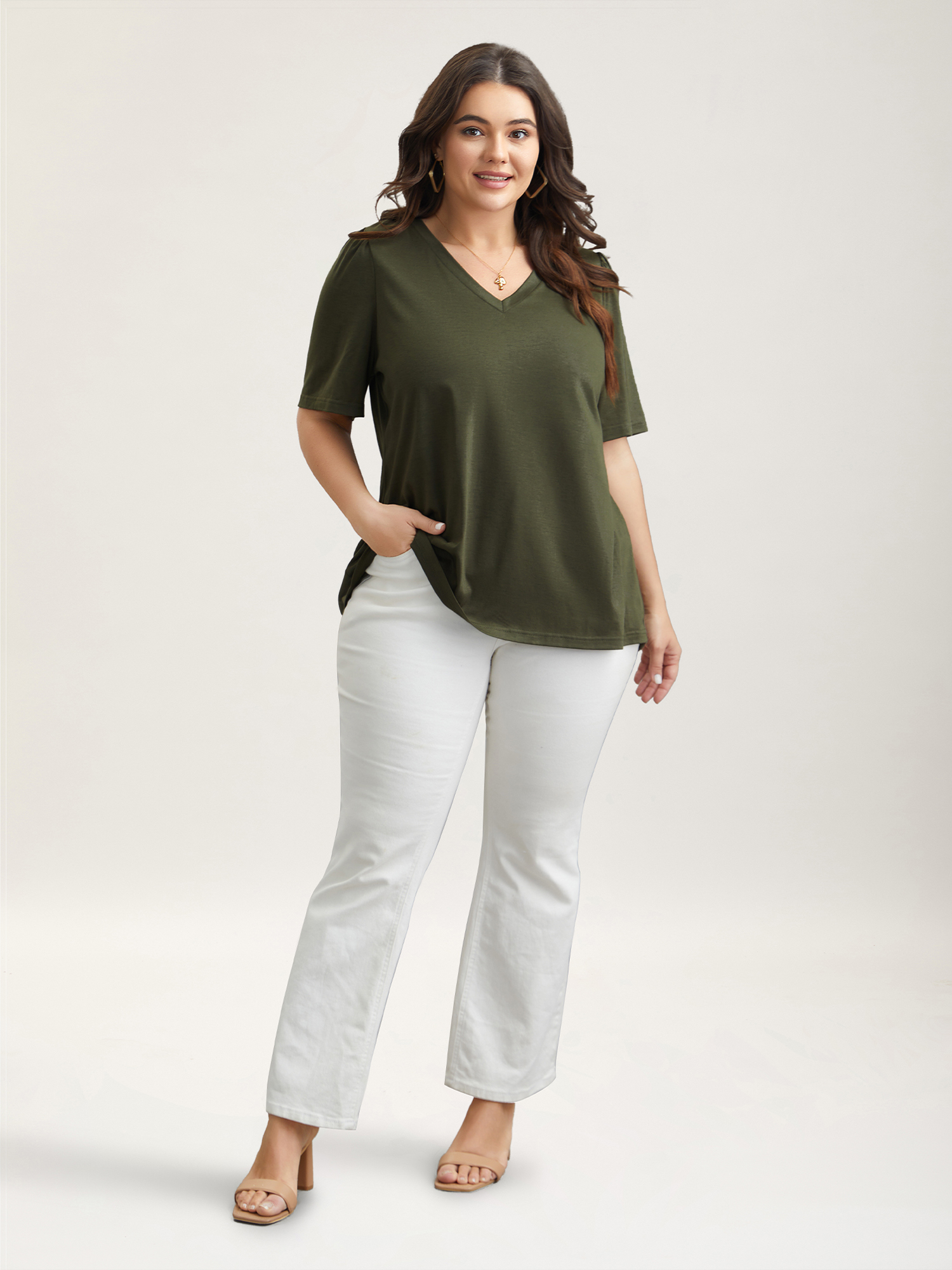 

Plus Size Back Pleats V-Neck Split T-Shirt ArmyGreen Women Casual Overlapping V-neck Everyday T-shirts BloomChic