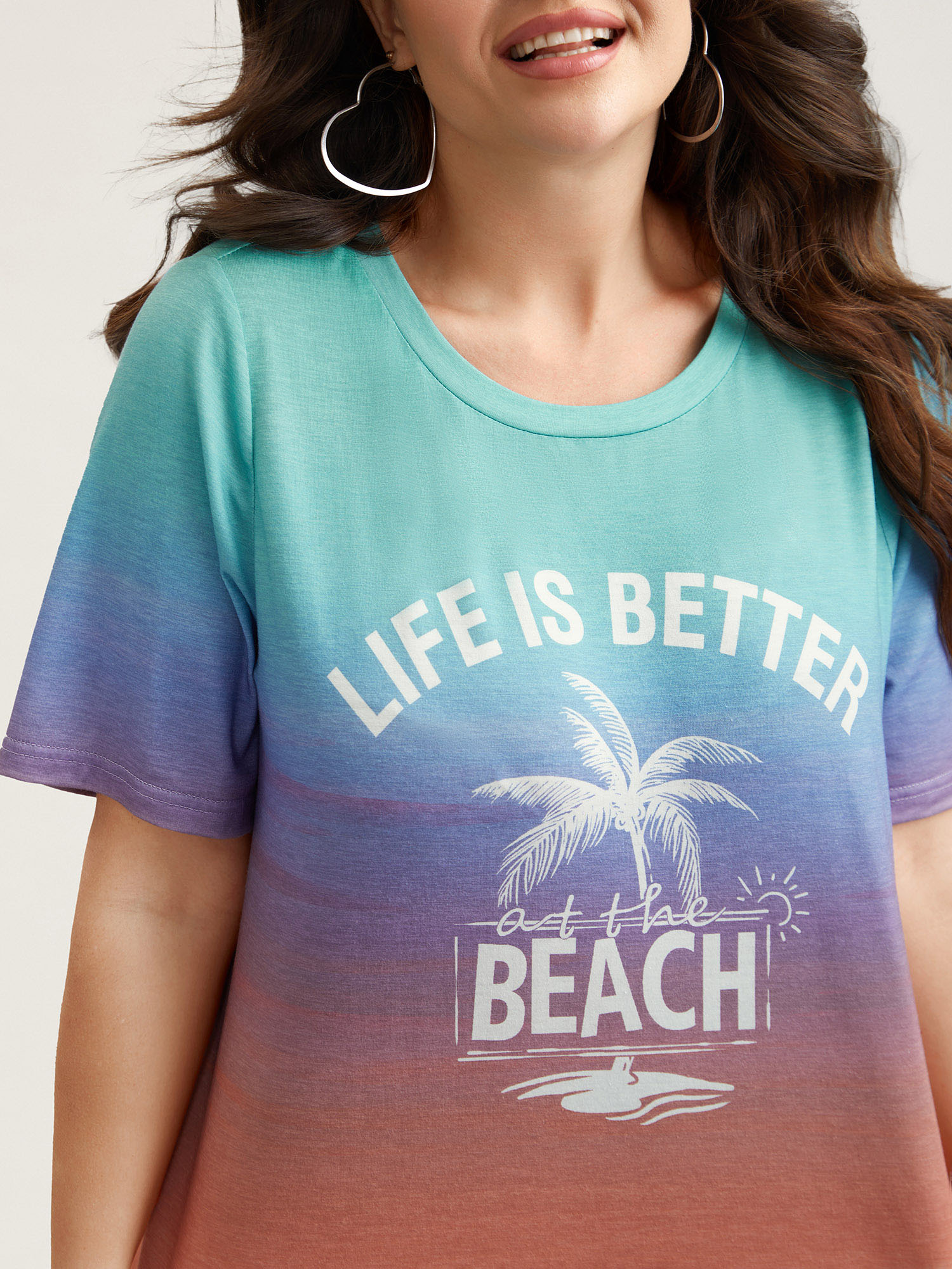 Plus Size Gradient Beach Print Fitted T-Shirt Multicolor Women Casual Contrast Tropical Round Neck Everyday T-shirts BloomChic 18-20/2X 