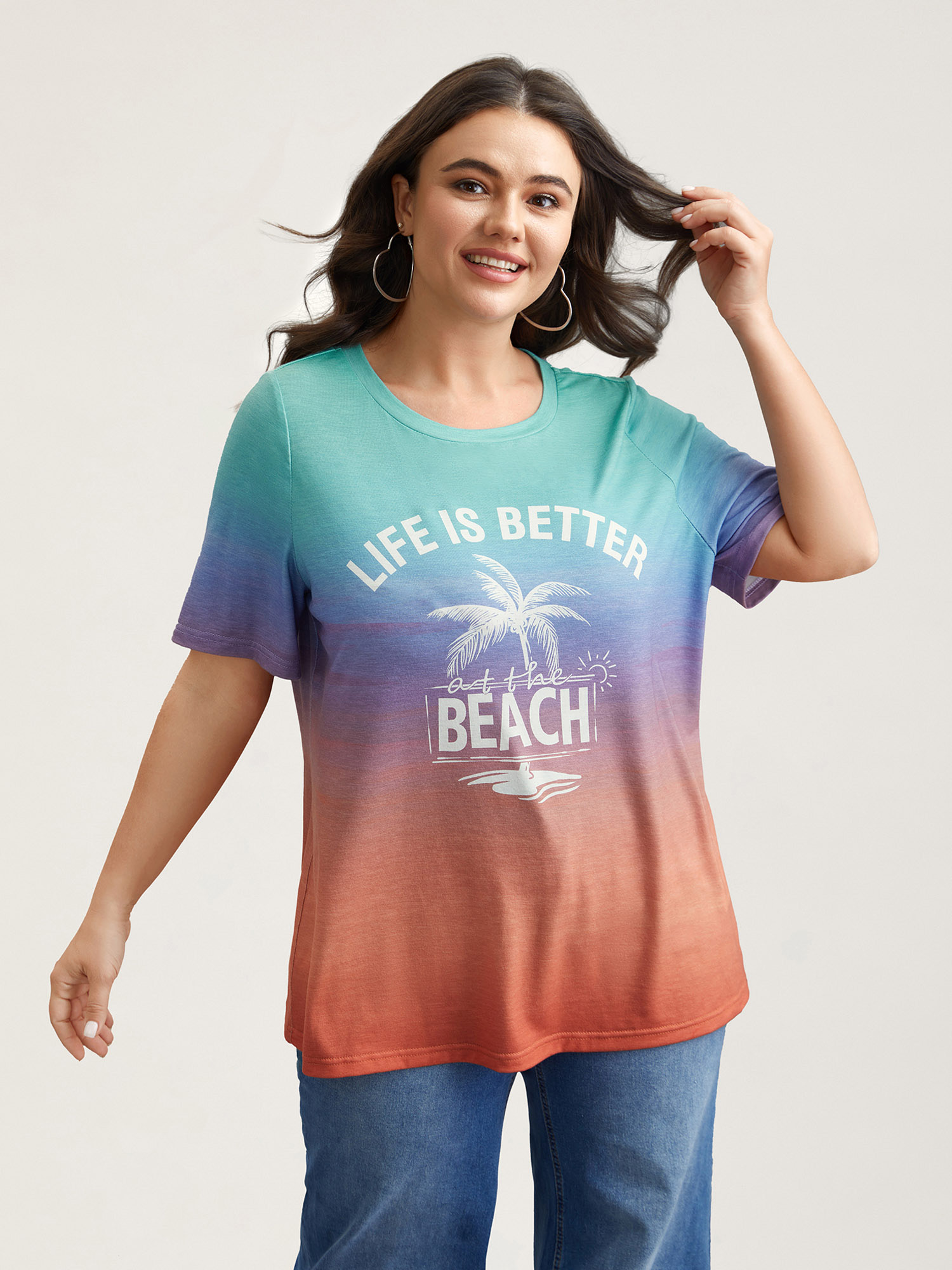 Plus Size Gradient Beach Print Fitted T-Shirt Multicolor Women Casual Contrast Tropical Round Neck Everyday T-shirts BloomChic 18-20/2X 