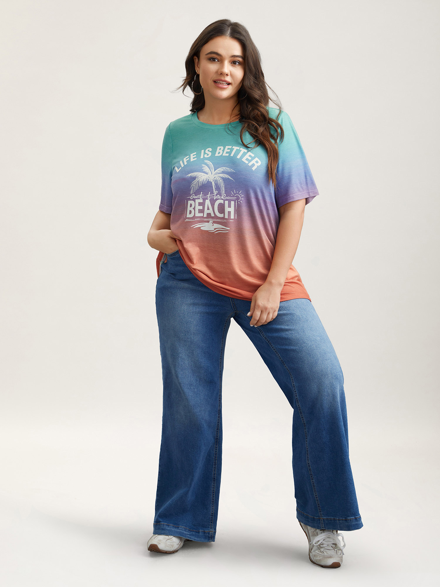 Plus Size Gradient Beach Print Fitted T-Shirt Multicolor Women Casual Contrast Tropical Round Neck Everyday T-shirts BloomChic 18-20/2X 
