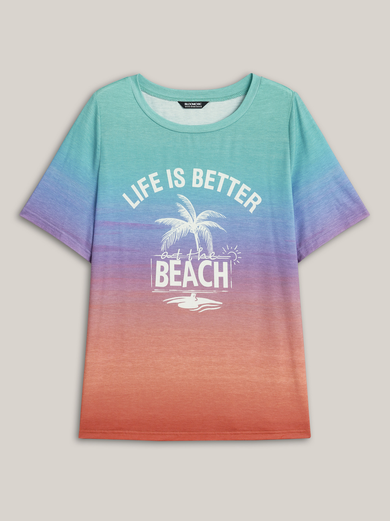 Plus Size Gradient Beach Print Fitted T-Shirt Multicolor Women Casual Contrast Tropical Round Neck Everyday T-shirts BloomChic 18-20/2X 