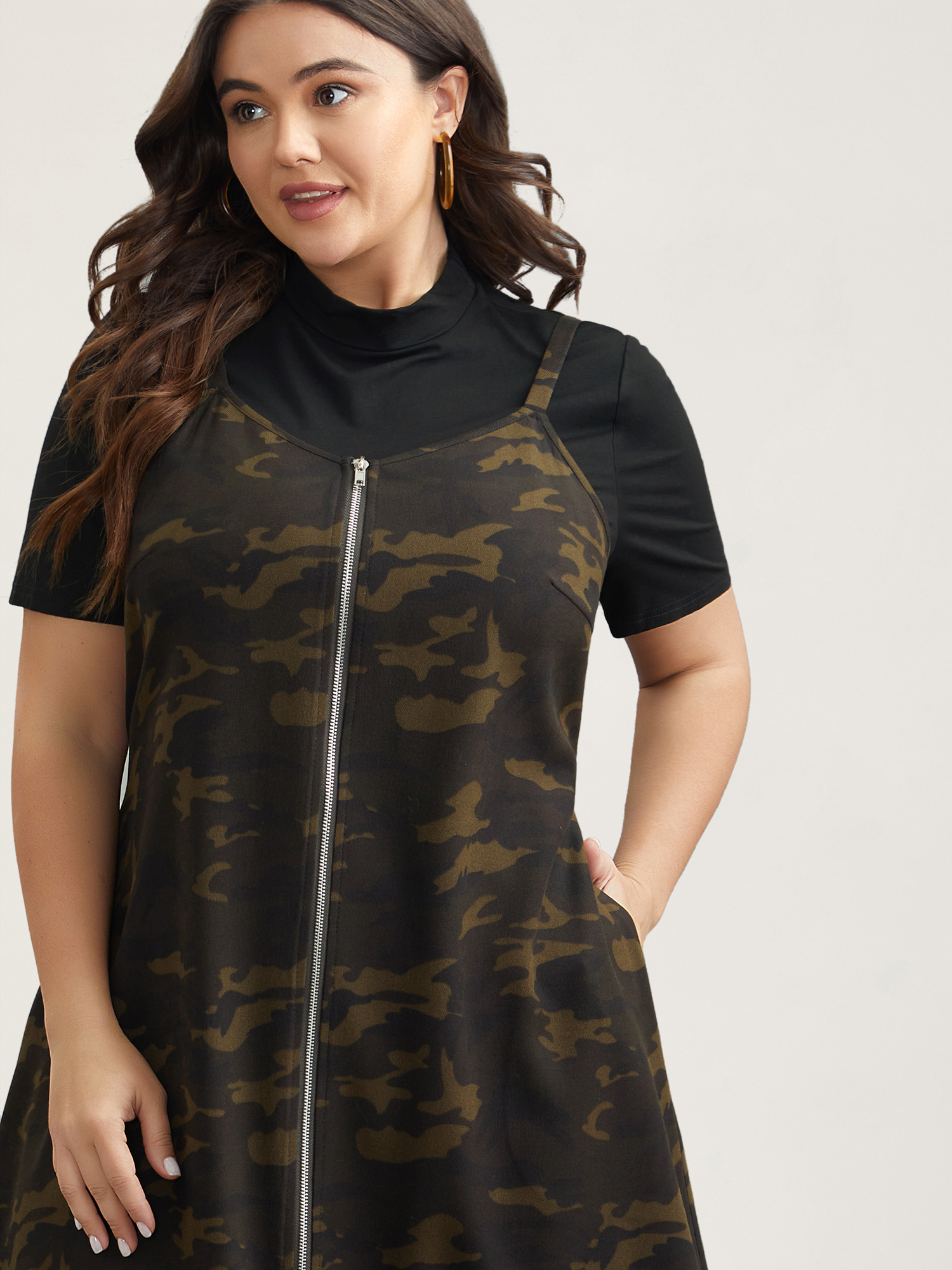 

Plus Size Camouflage Print Zipper Front Adjustable Midi Dress ArmyGreen Women Casual Non Non Sleeveless Curvy BloomChic