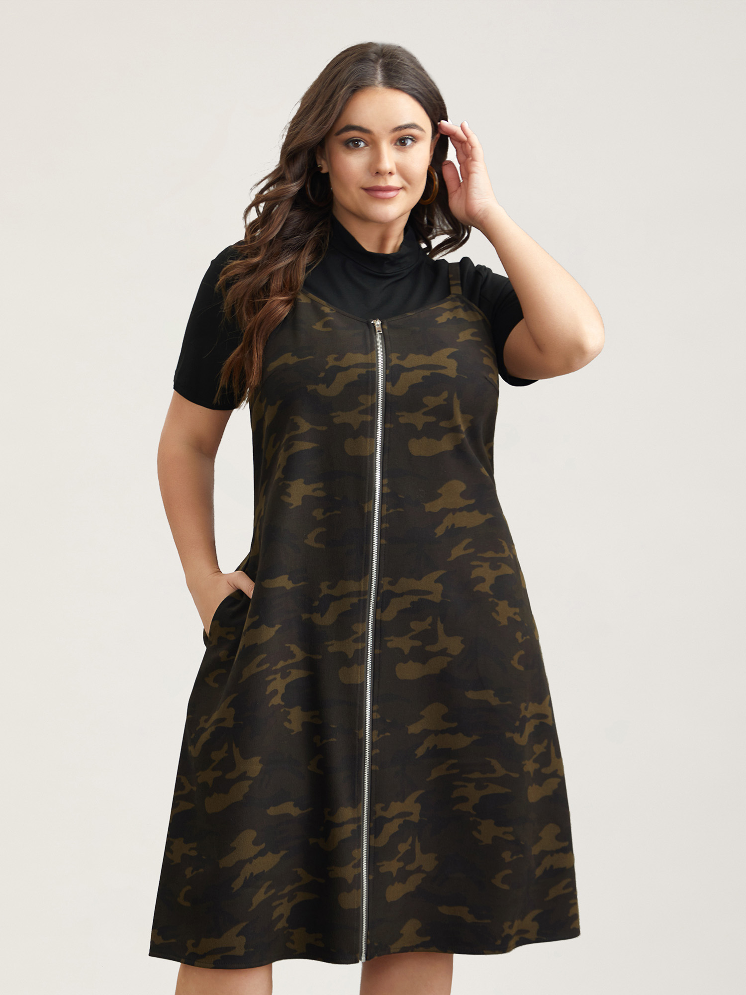 Plus Size Camouflage Print Zipper Front Adjustable Midi Dress ArmyGreen Women Casual Non Non Sleeveless Curvy BloomChic 14-16/1X 